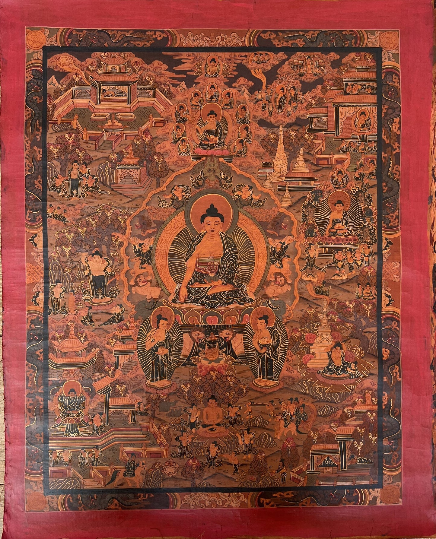 Buddha Life Story Old Tibetan Thangka Painting Original Art/ Hand-Painting Oil- Varnished