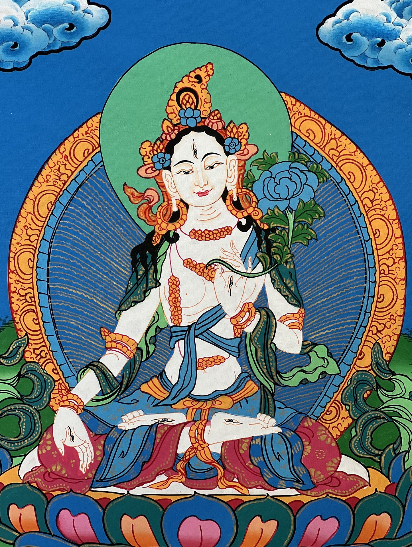 White Tara, Sitatara, Mother Goddess, Hand Painted Original Tibetan Thangka Painting, Buddhist Art  with Silk Border