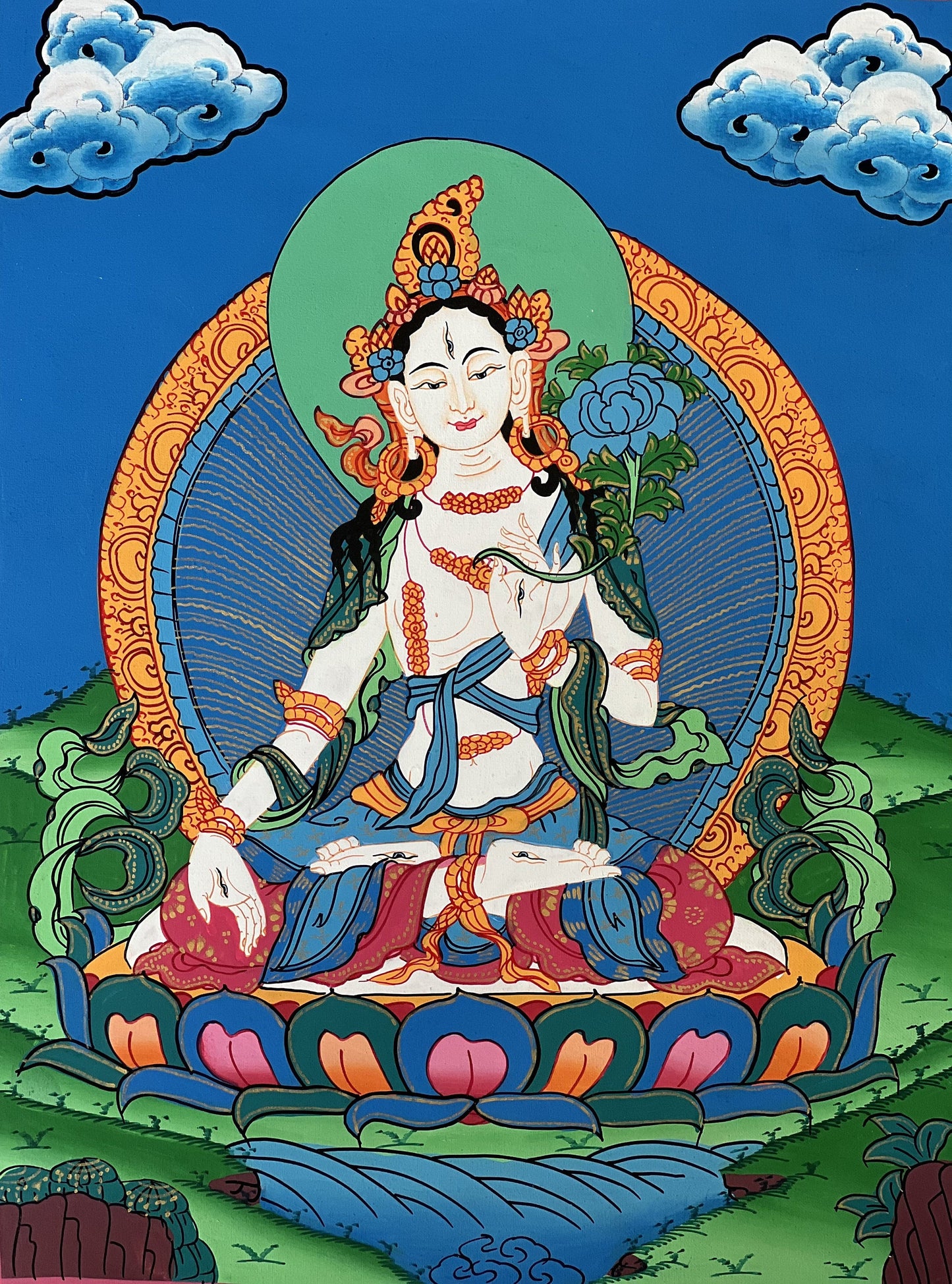 White Tara, Sitatara, Mother Goddess, Hand Painted Original Tibetan Thangka Painting, Buddhist Art  with Silk Border