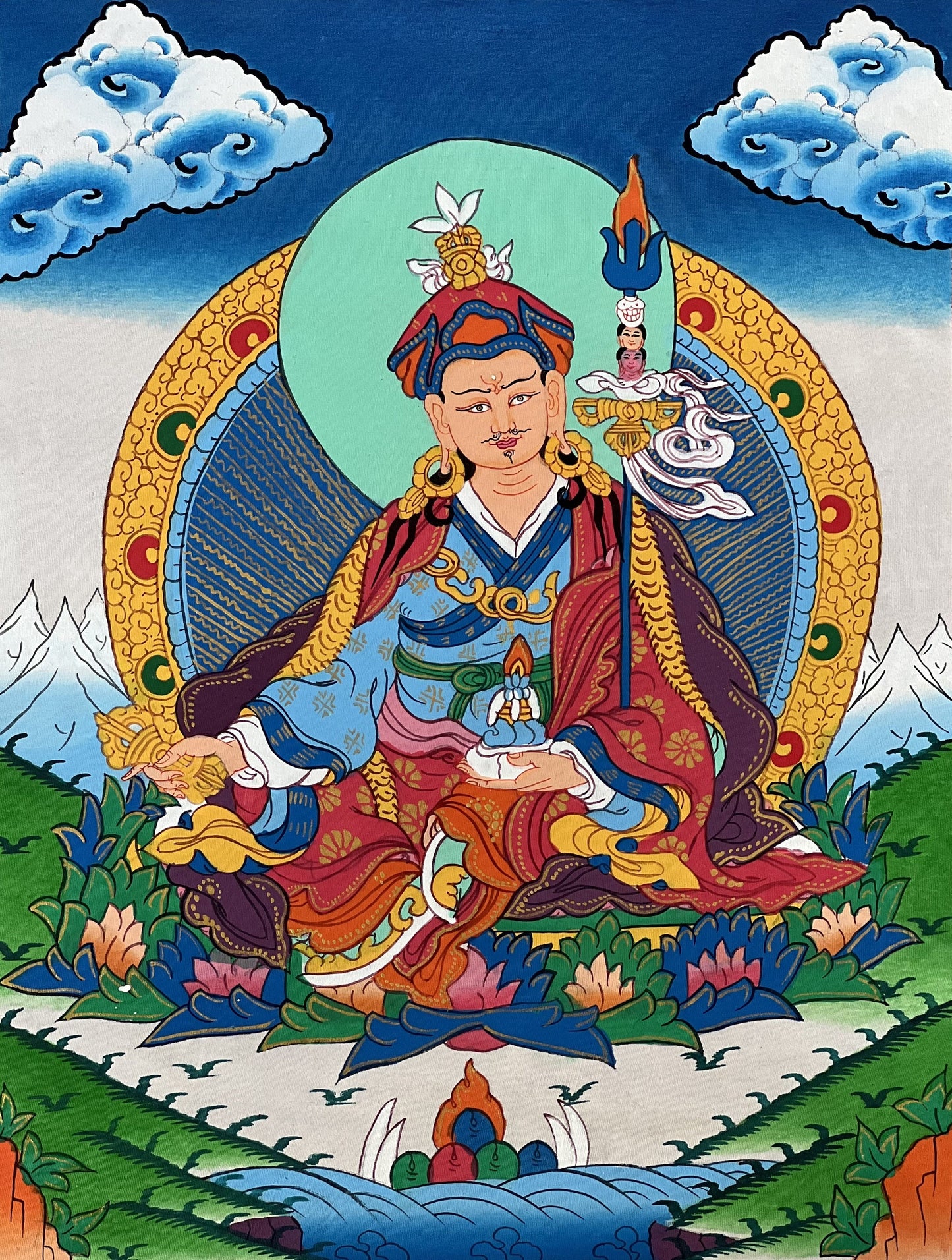 Guru Padmasambhava/Guru Rinpoche Tibetan Thangka Painting, Original Art with Silk Brocade