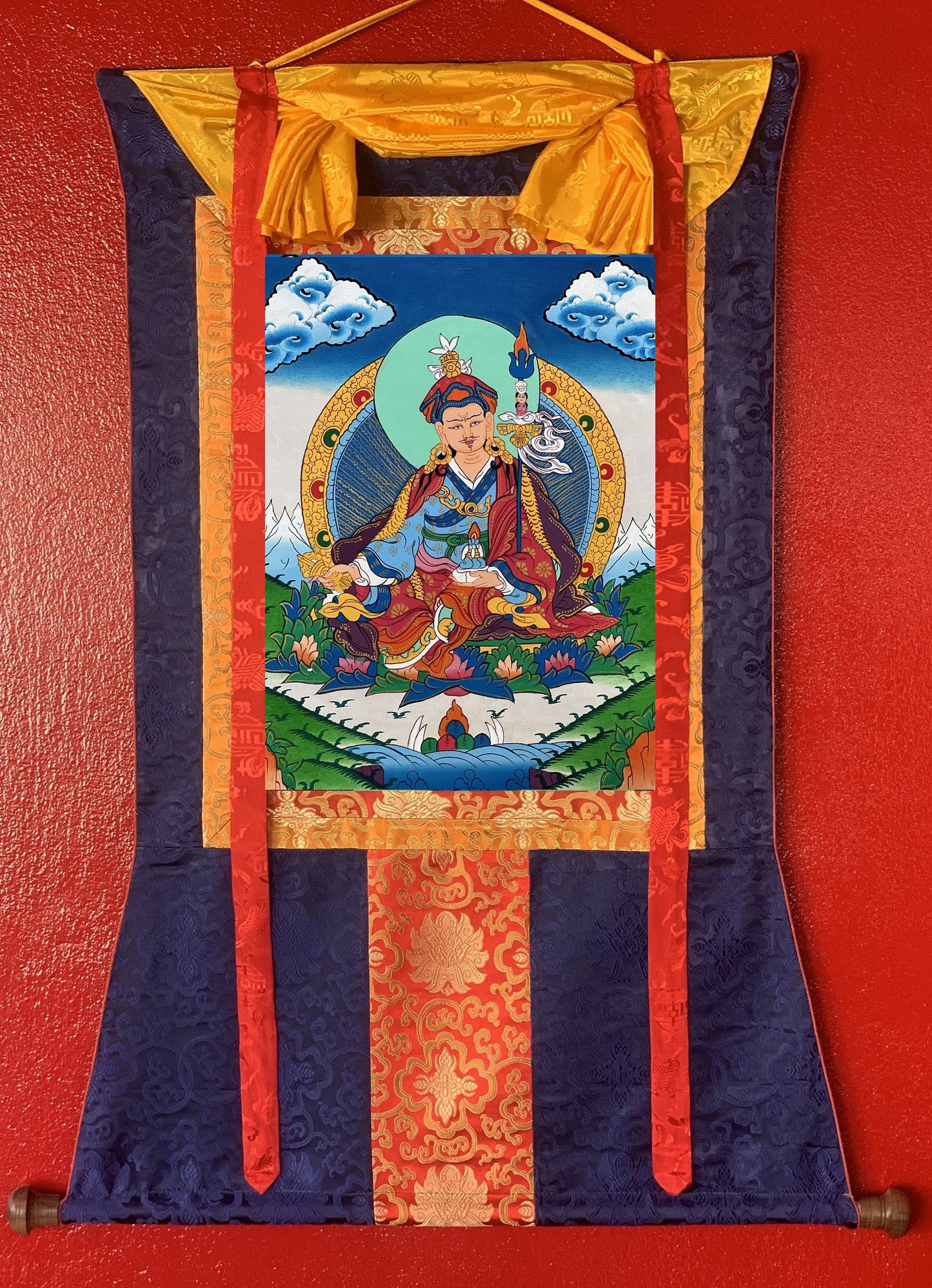 Guru Padmasambhava/Guru Rinpoche Tibetan Thangka Painting, Original Art with Silk Brocade