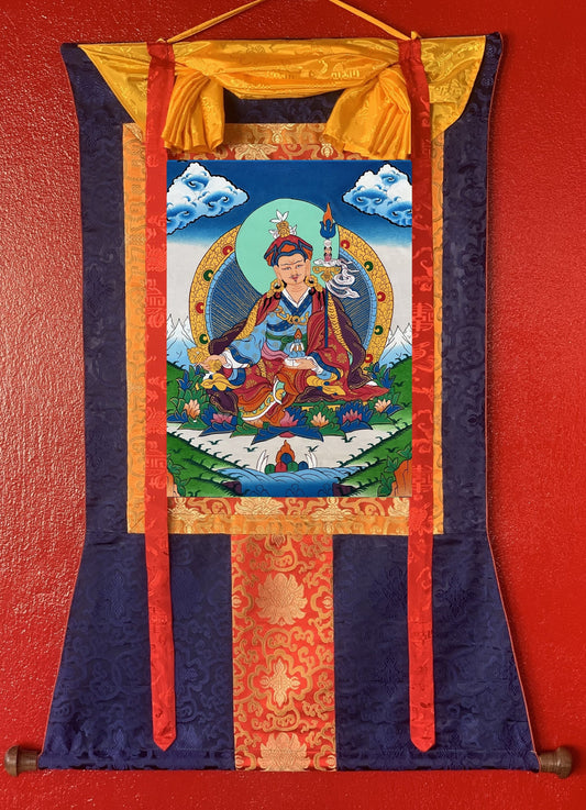 Guru Padmasambhava/Guru Rinpoche Tibetan Thangka Painting, Original Art with Silk Brocade