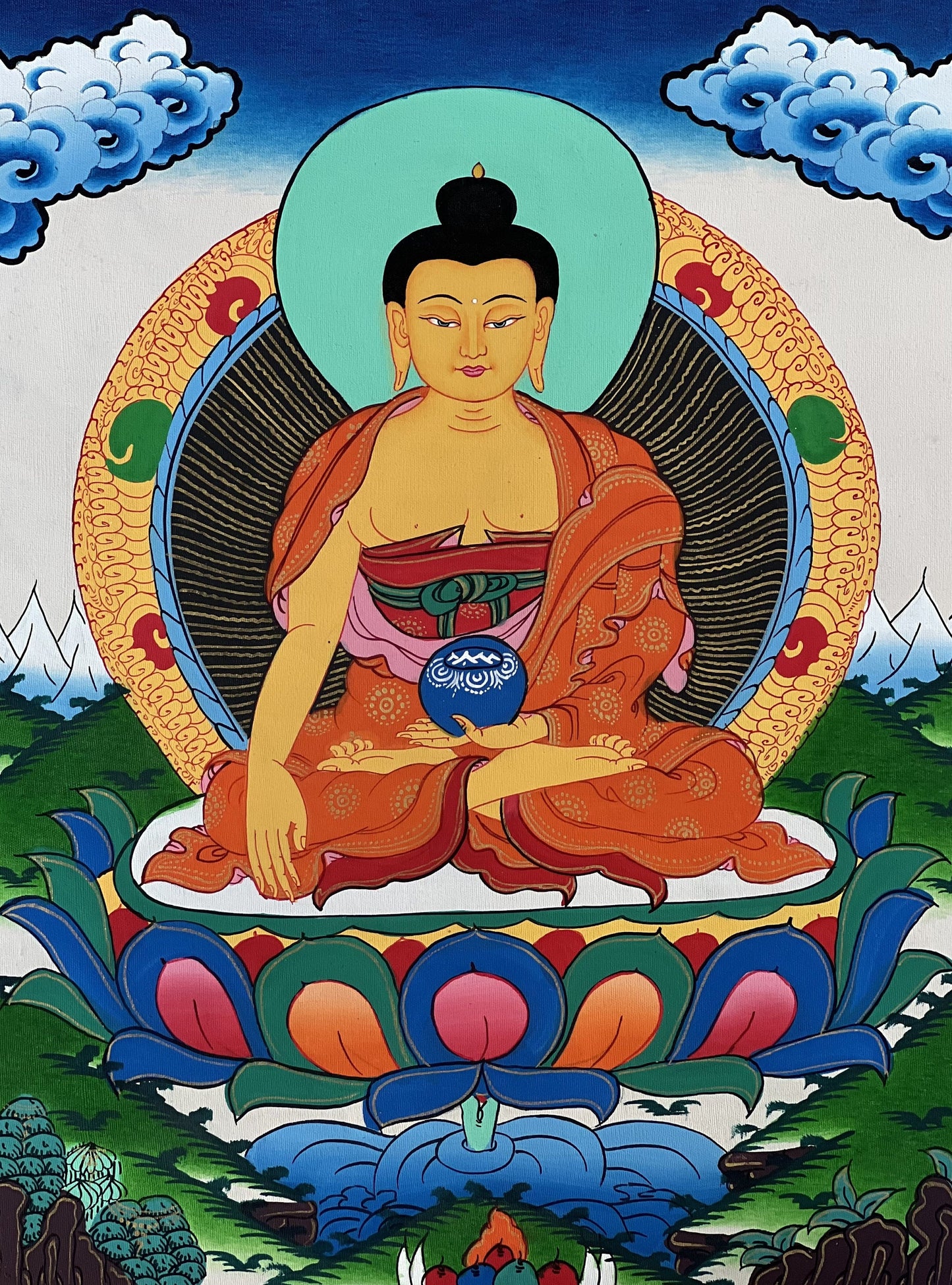 Shakyamuni Buddha Siddhartha Gautama Founder of Buddha Dharma, BORN in Lumbini Nepal  Original Tibetan Thangka Painting with Silk Border