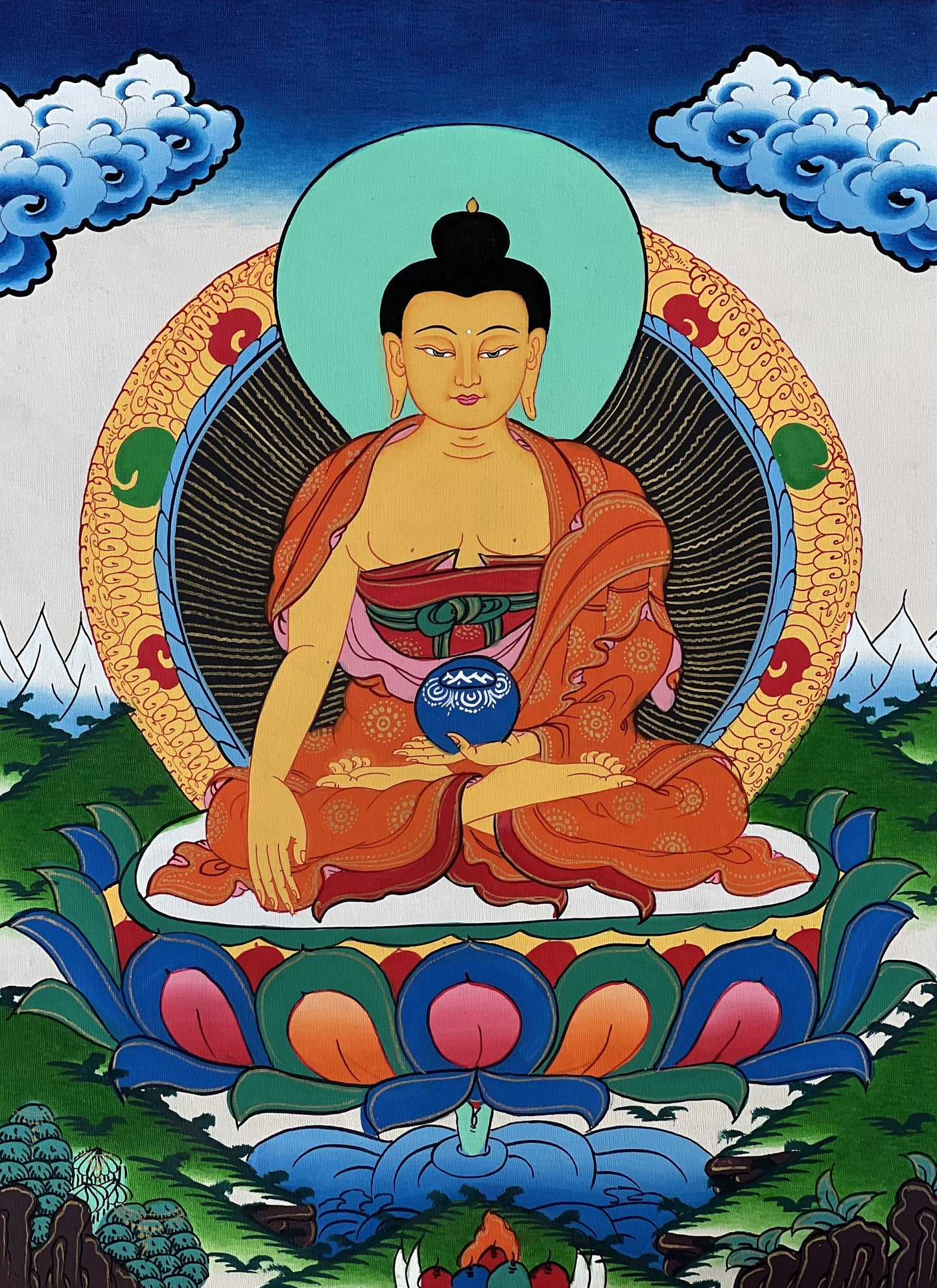 Shakyamuni Buddha Siddhartha Gautama Founder of Buddha Dharma, BORN in Lumbini Nepal  Original Tibetan Thangka Painting with Silk Border