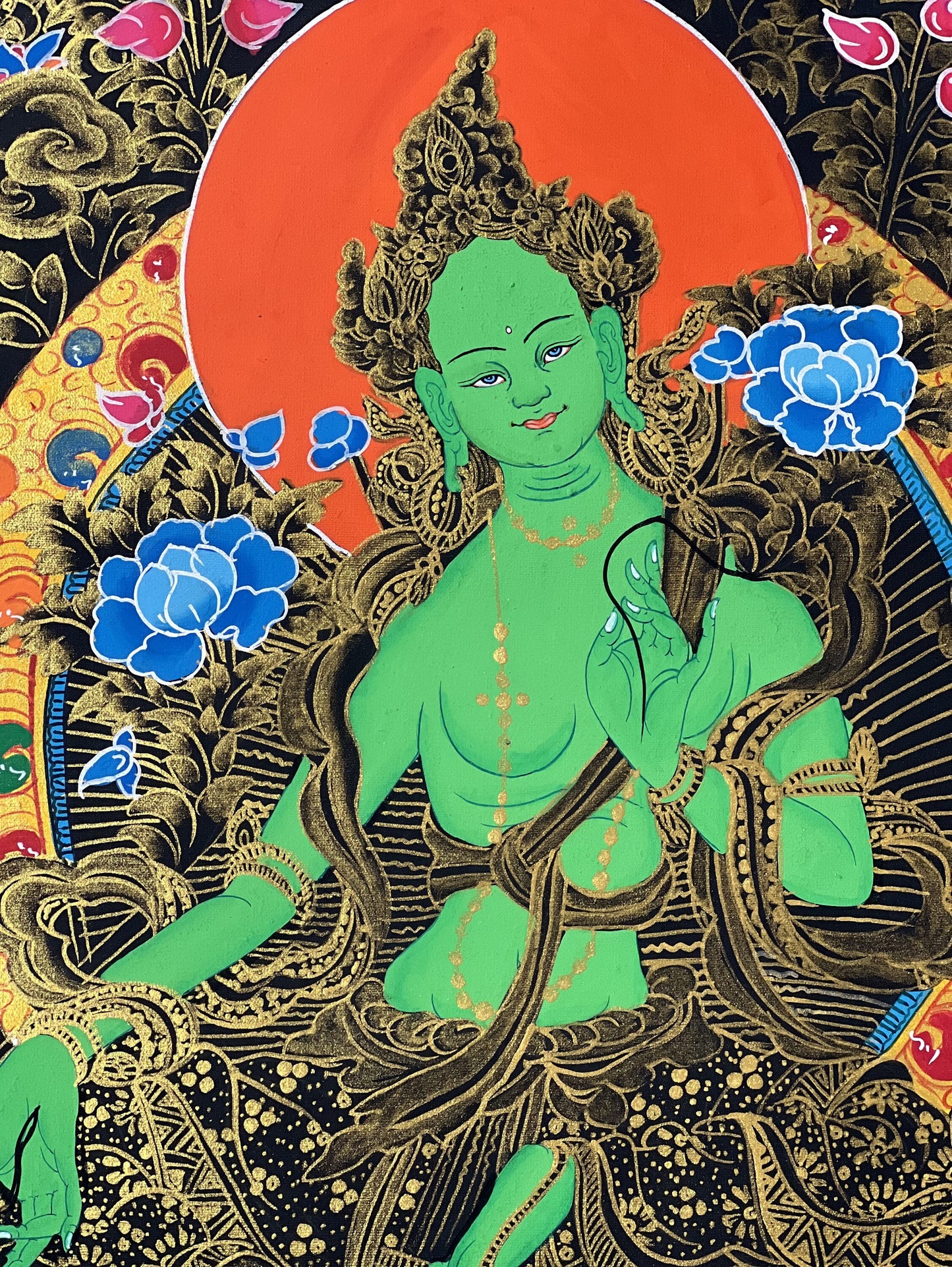 Green Tara/ Shyamatara/ Mother Goddess Tibetan Thangka Painting Original Hand Painted Compassion Meditation Art