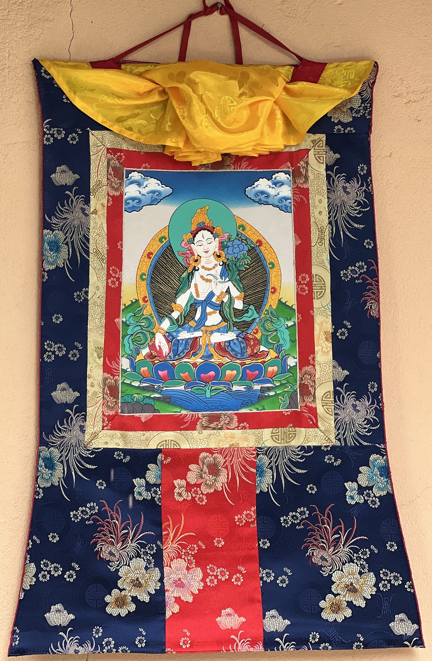 White Tara/Mother Tara Goddess of Protection Hand Painted Original Tibetan Thangka Painting/ Buddhist Art  with Silk Border