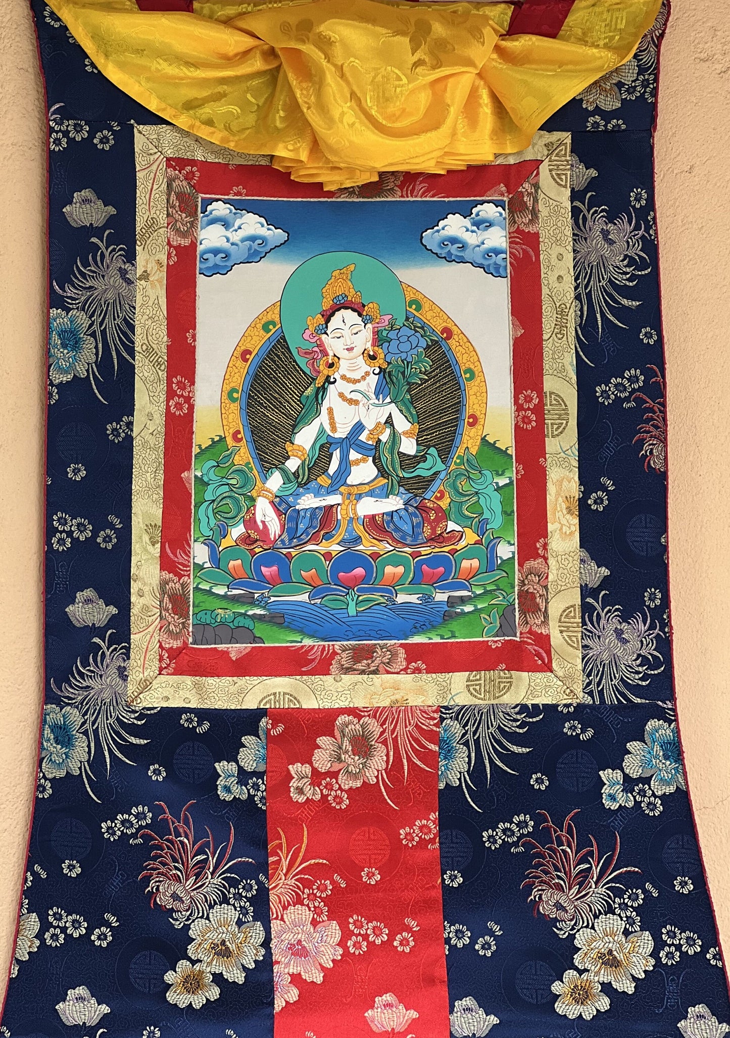 White Tara/Mother Tara Goddess of Protection Hand Painted Original Tibetan Thangka Painting/ Buddhist Art  with Silk Border