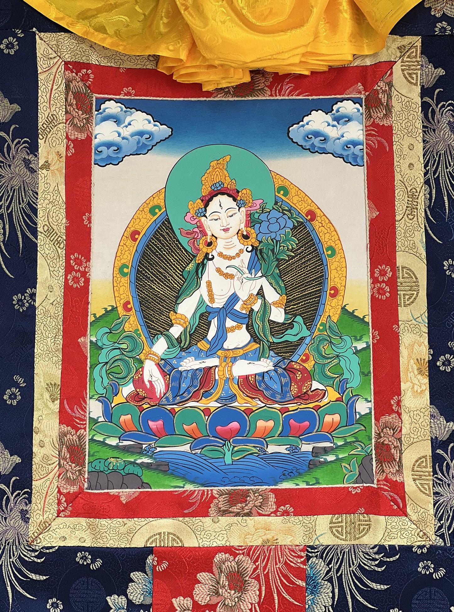 White Tara/Mother Tara Goddess of Protection Hand Painted Original Tibetan Thangka Painting/ Buddhist Art  with Silk Border