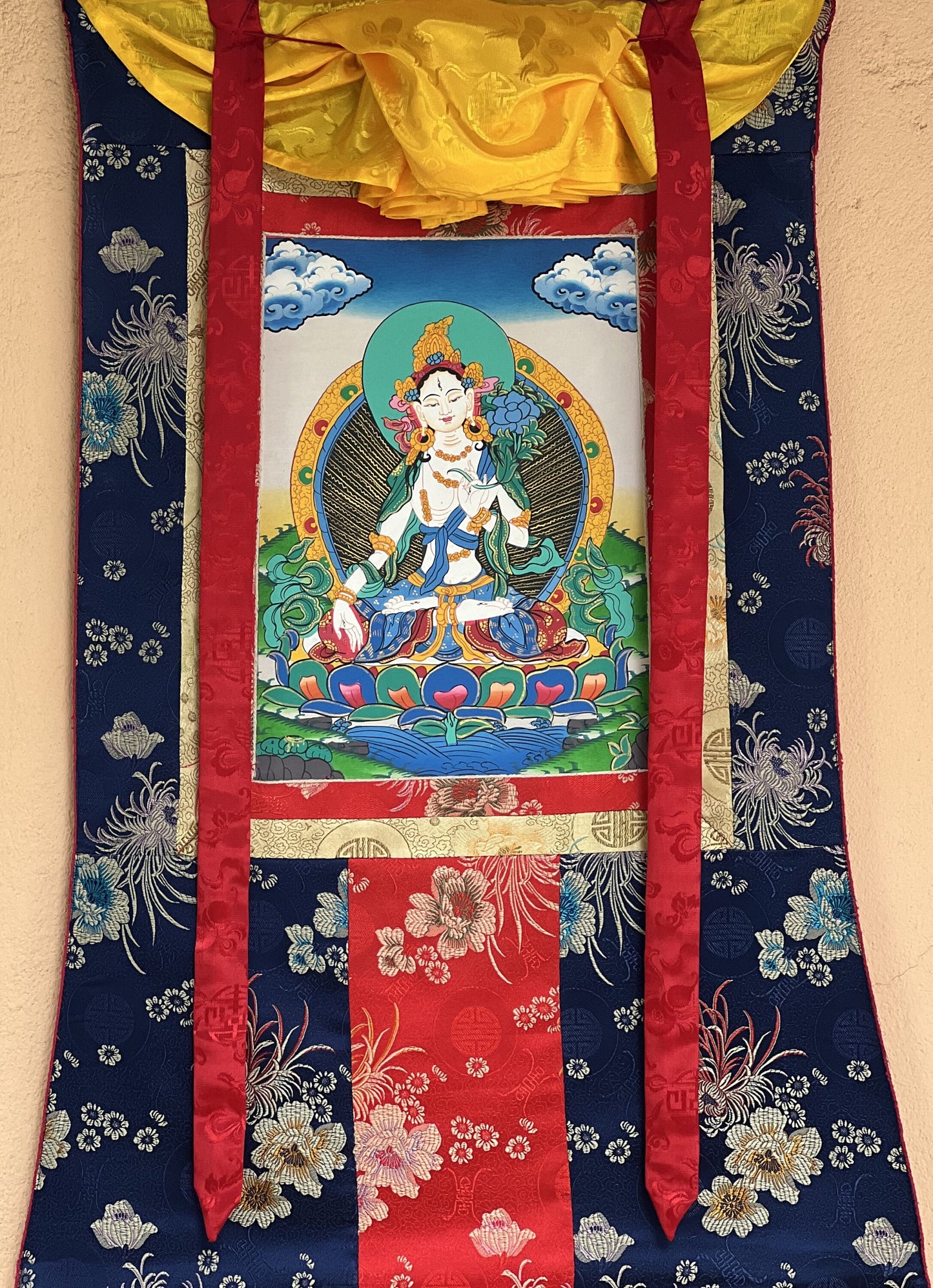 White Tara/Mother Tara Goddess of Protection Hand Painted Original Tibetan Thangka Painting/ Buddhist Art  with Silk Border