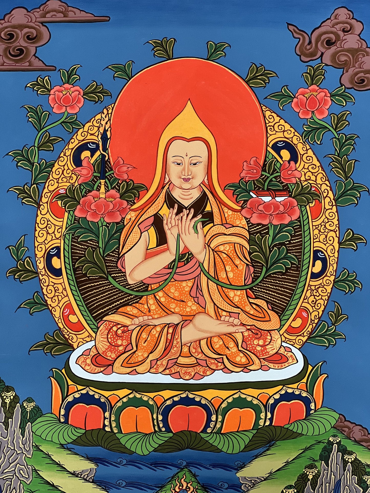 Chongapa/ Je Tsongkhapa  Tibetan Master High Quality Tibetan Thangka Painting Original Art  with Silk Brocade