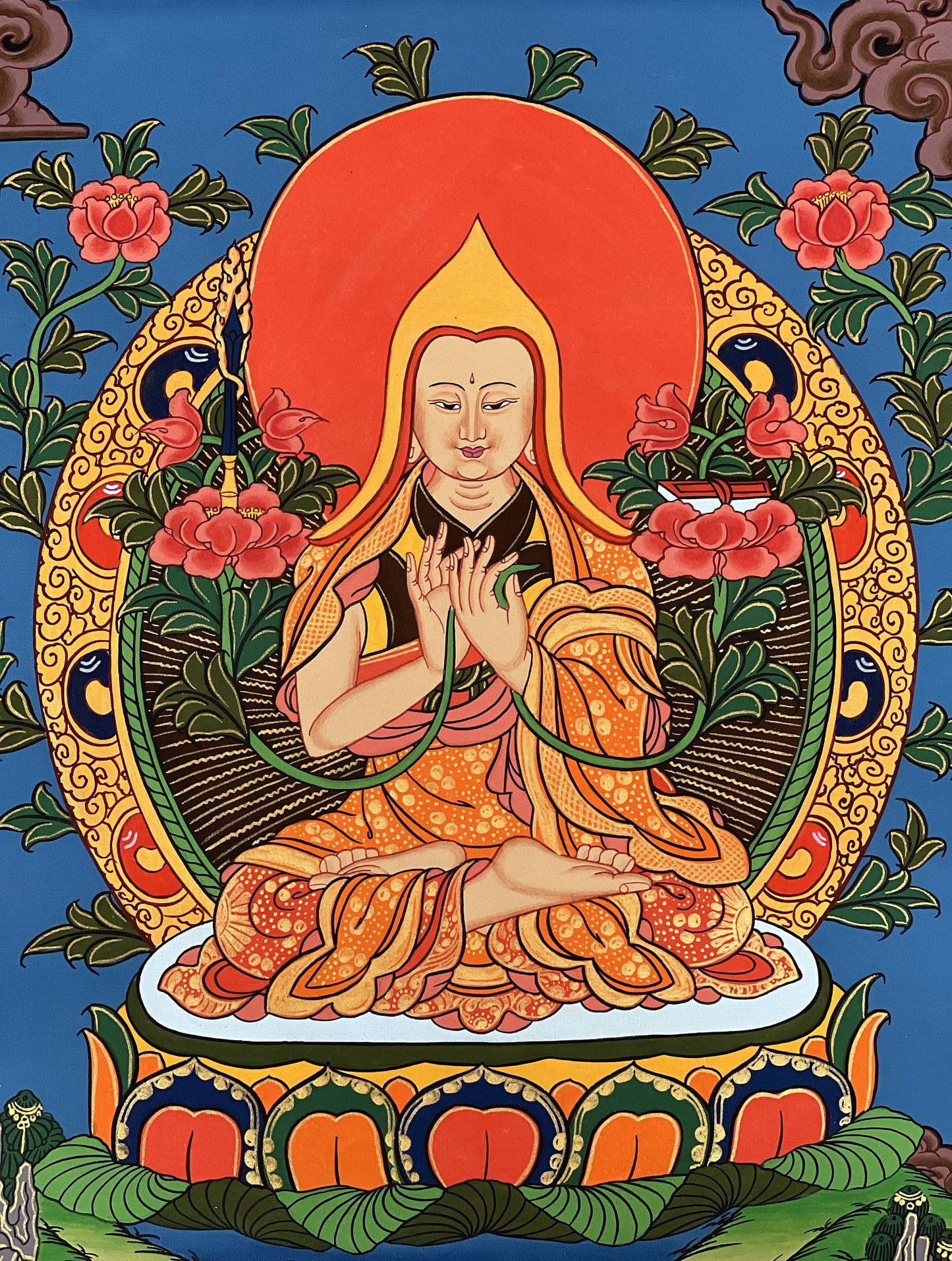 Chongapa/ Je Tsongkhapa  Tibetan Master High Quality Tibetan Thangka Painting Original Art  with Silk Brocade