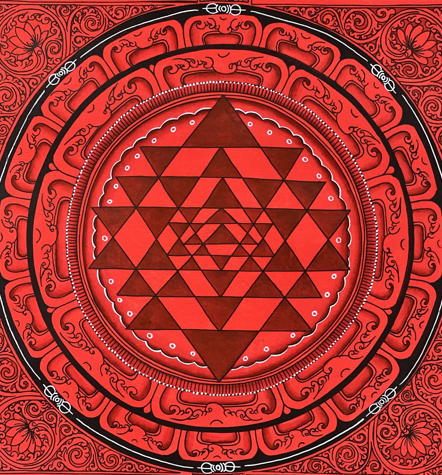 Hand Painted ShriYantra or Shri Chakara Mandala Newari Paubha/Pauva Thangka Painting Original Art for Energy Positivity and Good Luck