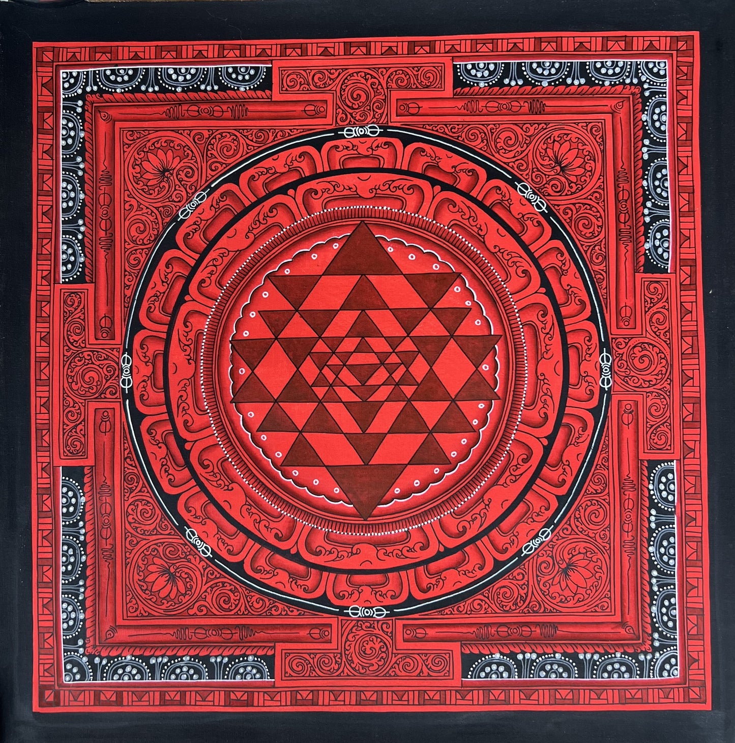 Hand Painted ShriYantra or Shri Chakara Mandala Newari Paubha/Pauva Thangka Painting Original Art for Energy Positivity and Good Luck