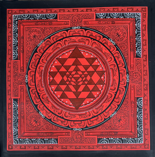 Hand Painted ShriYantra or Shri Chakara Mandala Newari Paubha/Pauva Thangka Painting Original Art for Energy Positivity and Good Luck