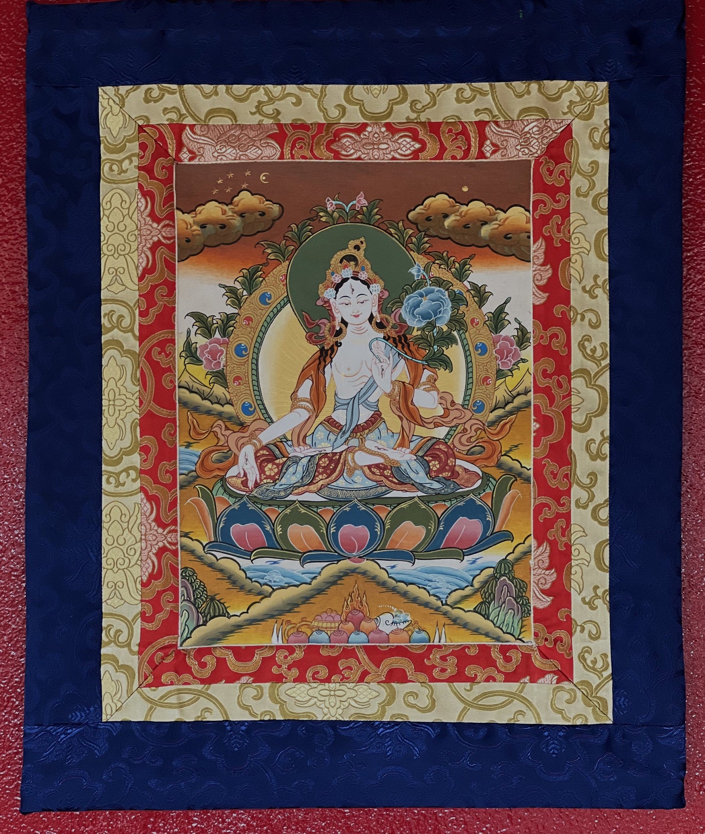 White Tara Sitatara Goddess of Compassion Master Quality Tibetan Thangka Painting, Original Art with Narrow Brocade