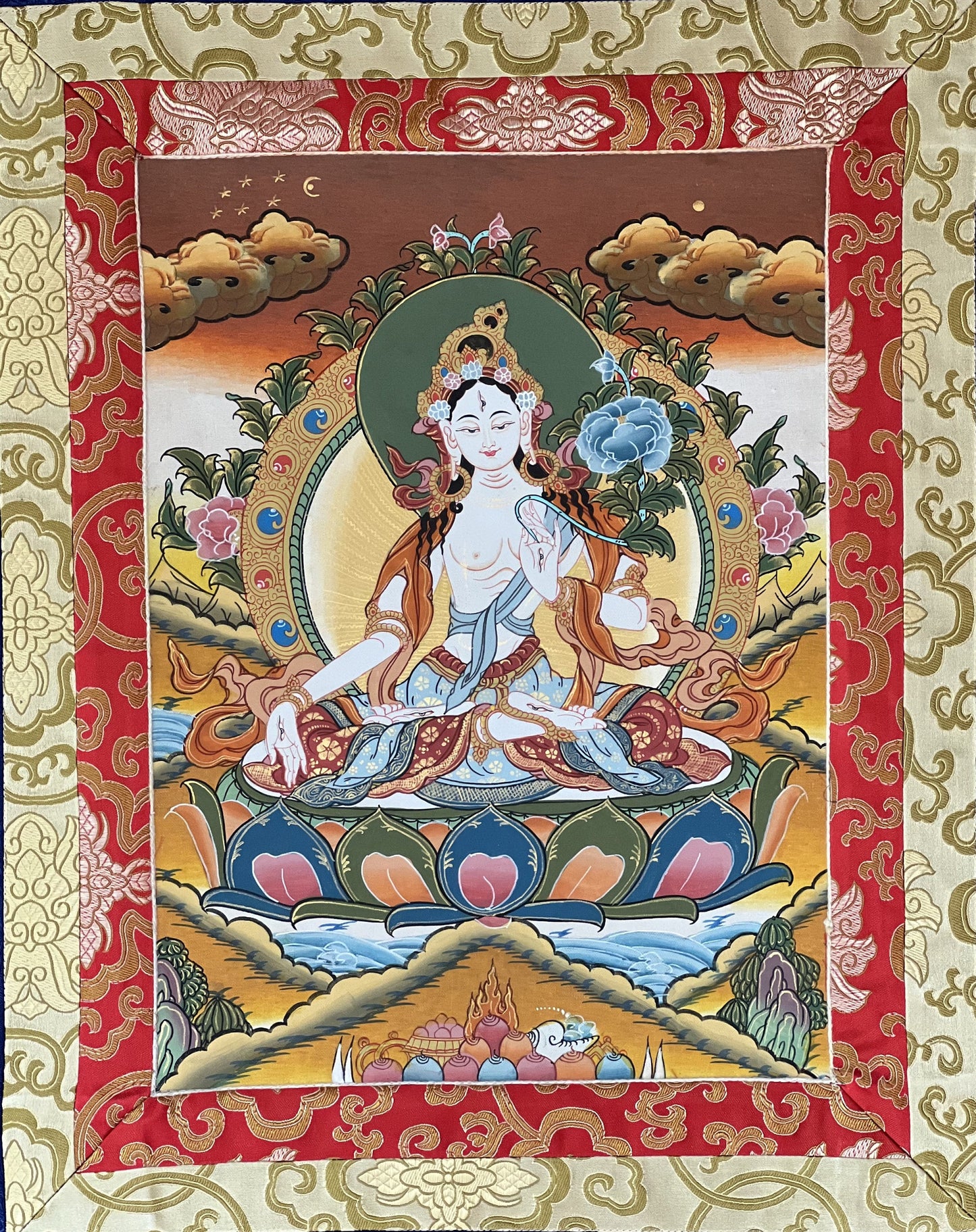 White Tara Sitatara Goddess of Compassion Master Quality Tibetan Thangka Painting, Original Art with Narrow Brocade