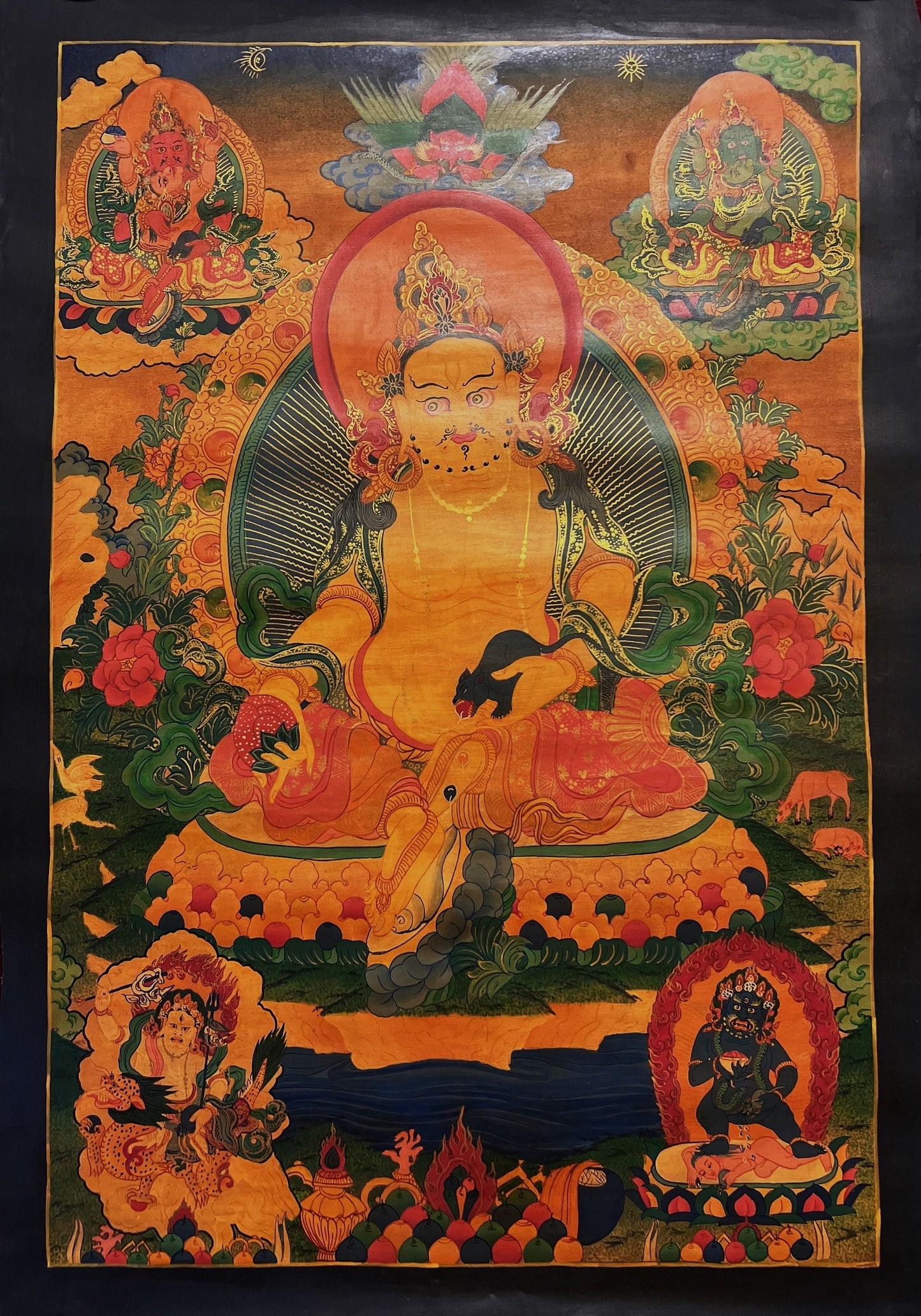 Jambhala/ Zambala/Kubera God of Wealth Master Quality Oil Varnished Old Tibetan Thangka Painting Original Art /Hand painting from Nepal