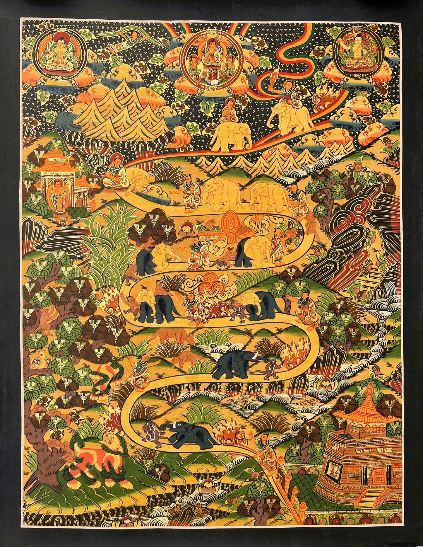 Hand Painted Samatha Meditation Elephant Path Way to Heaven/Nirvana  Tibetan Thangka Painting Original Buddhist Meditation Art/ Wall Hanging