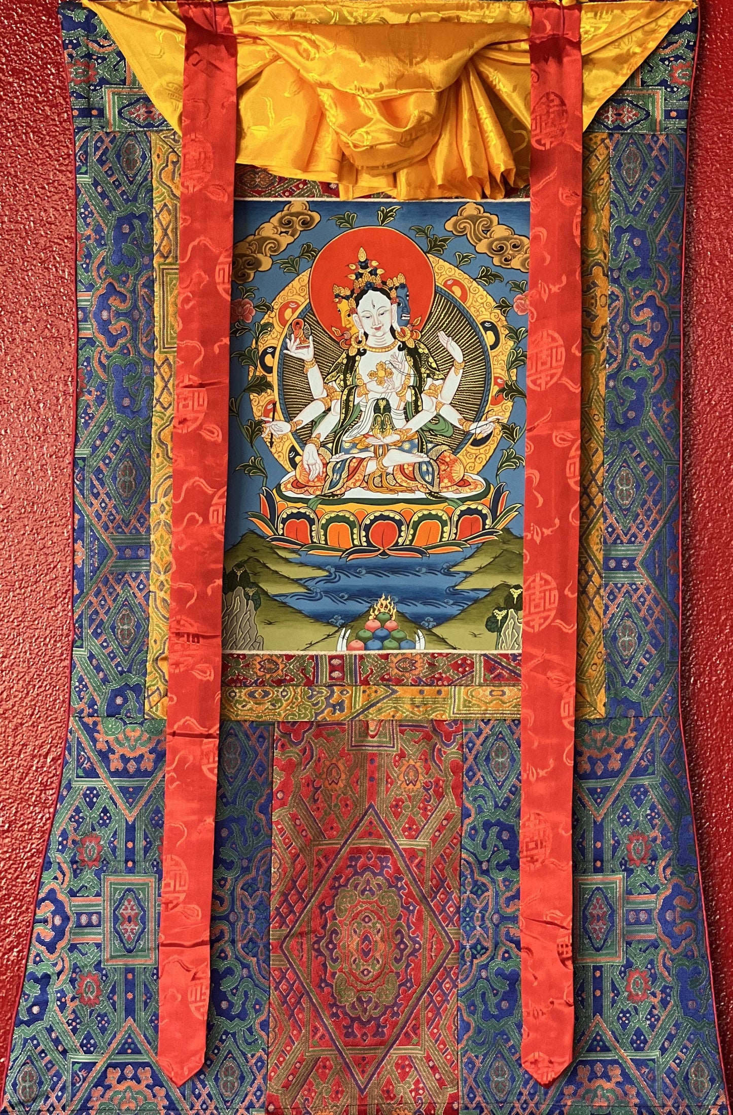 Basundhara/Namgyalma/ Dakini of Longevity Tibetan Thangka Painting, Original Art, Bordered with High Quality Silk