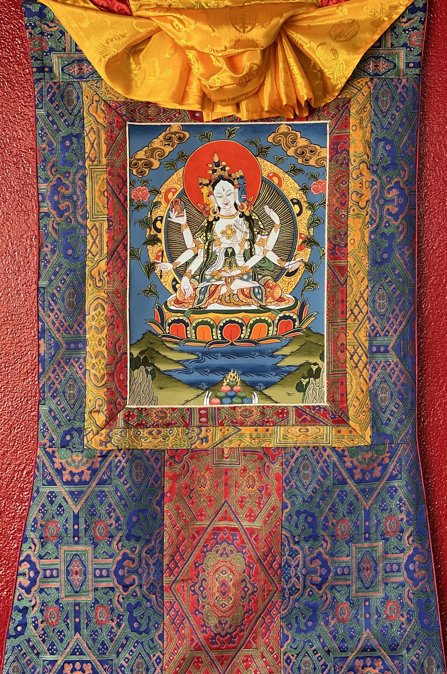 Basundhara/Namgyalma/ Dakini of Longevity Tibetan Thangka Painting, Original Art, Bordered with High Quality Silk