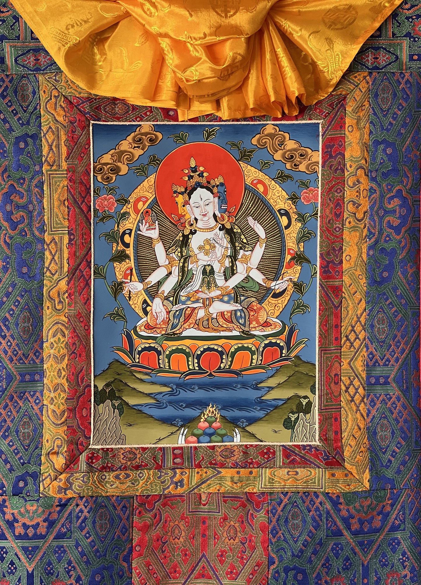 Basundhara/Namgyalma/ Dakini of Longevity Tibetan Thangka Painting, Original Art, Bordered with High Quality Silk