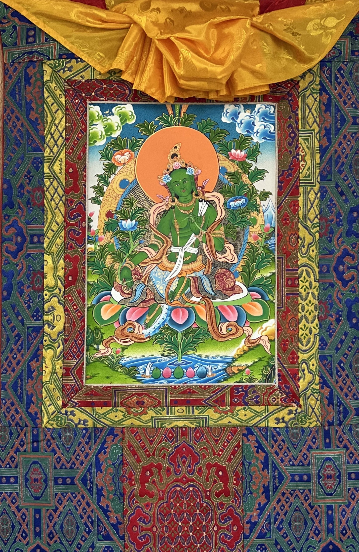 Hand Painted Green Tara, Shyamatara/ Mother Goddess, Masterpiece Tibetan Thangka Painting, Original Buddhist Art with Premium Silk Brocade