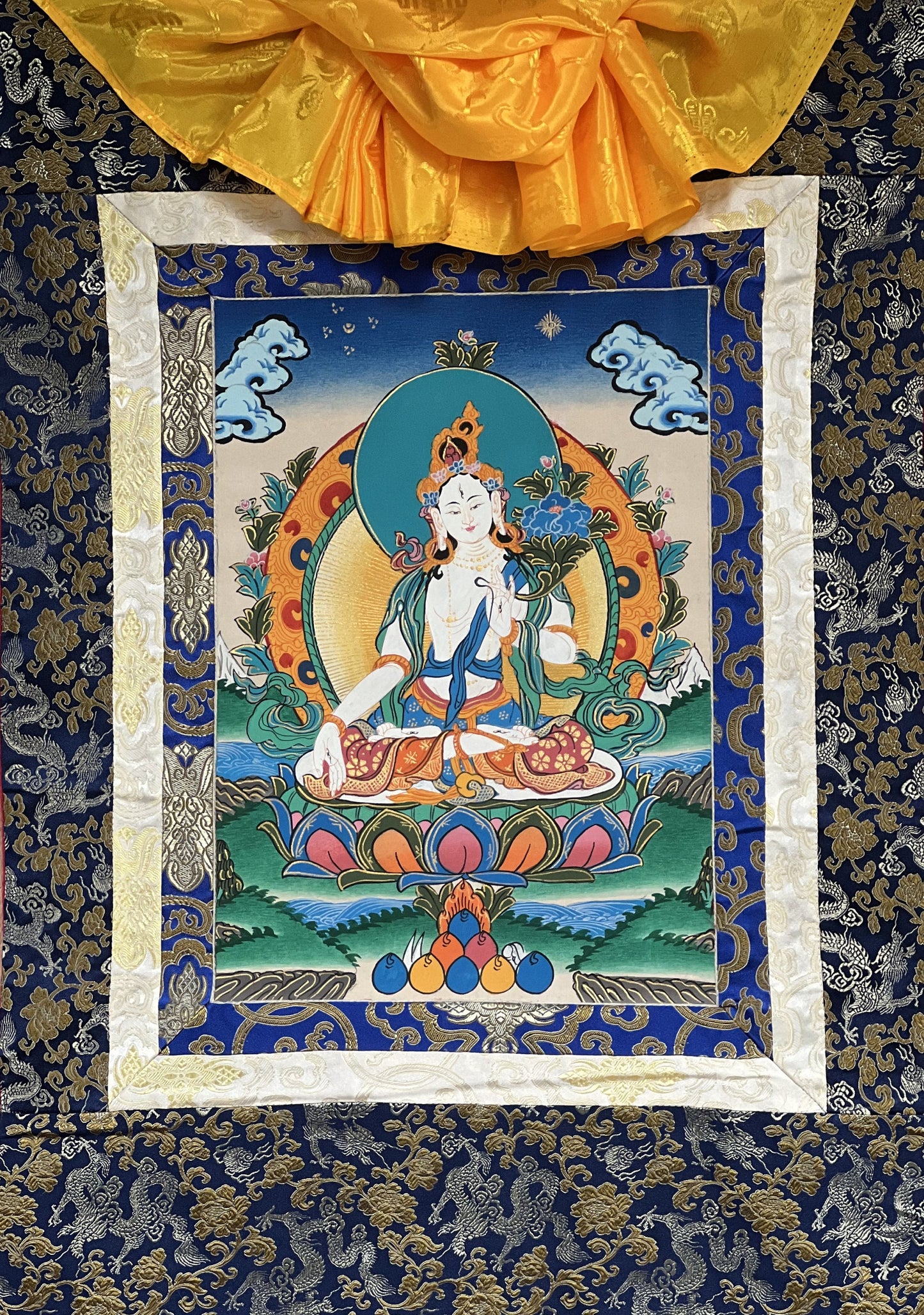 White Tara/ Sitatara/ Mother Goddess Hand Painted Original Master Quality  Tibetan Thangka Painting Buddhist Meditation Art with Silk Border