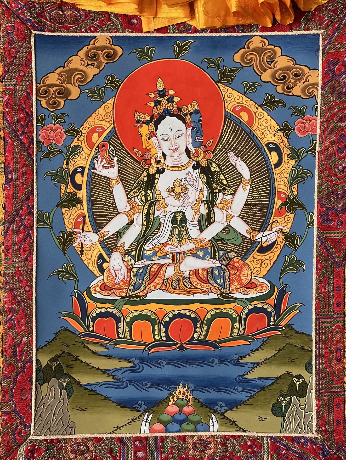 Basundhara/Namgyalma/ Dakini of Longevity Tibetan Thangka Painting, Original Art, Bordered with High Quality Silk