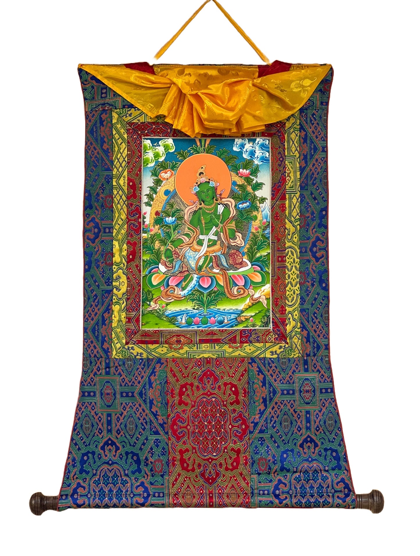 Hand Painted Green Tara, Shyamatara/ Mother Goddess, Masterpiece Tibetan Thangka Painting, Original Buddhist Art with Premium Silk Brocade