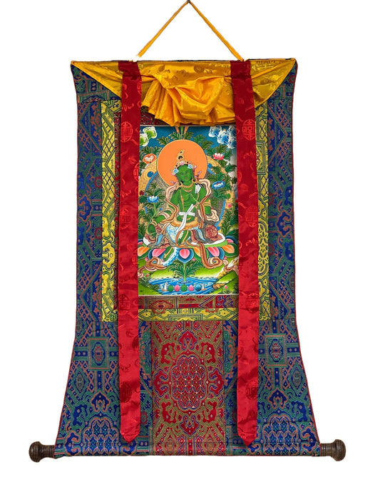 Hand Painted Green Tara, Shyamatara/ Mother Goddess, Masterpiece Tibetan Thangka Painting, Original Buddhist Art with Premium Silk Brocade