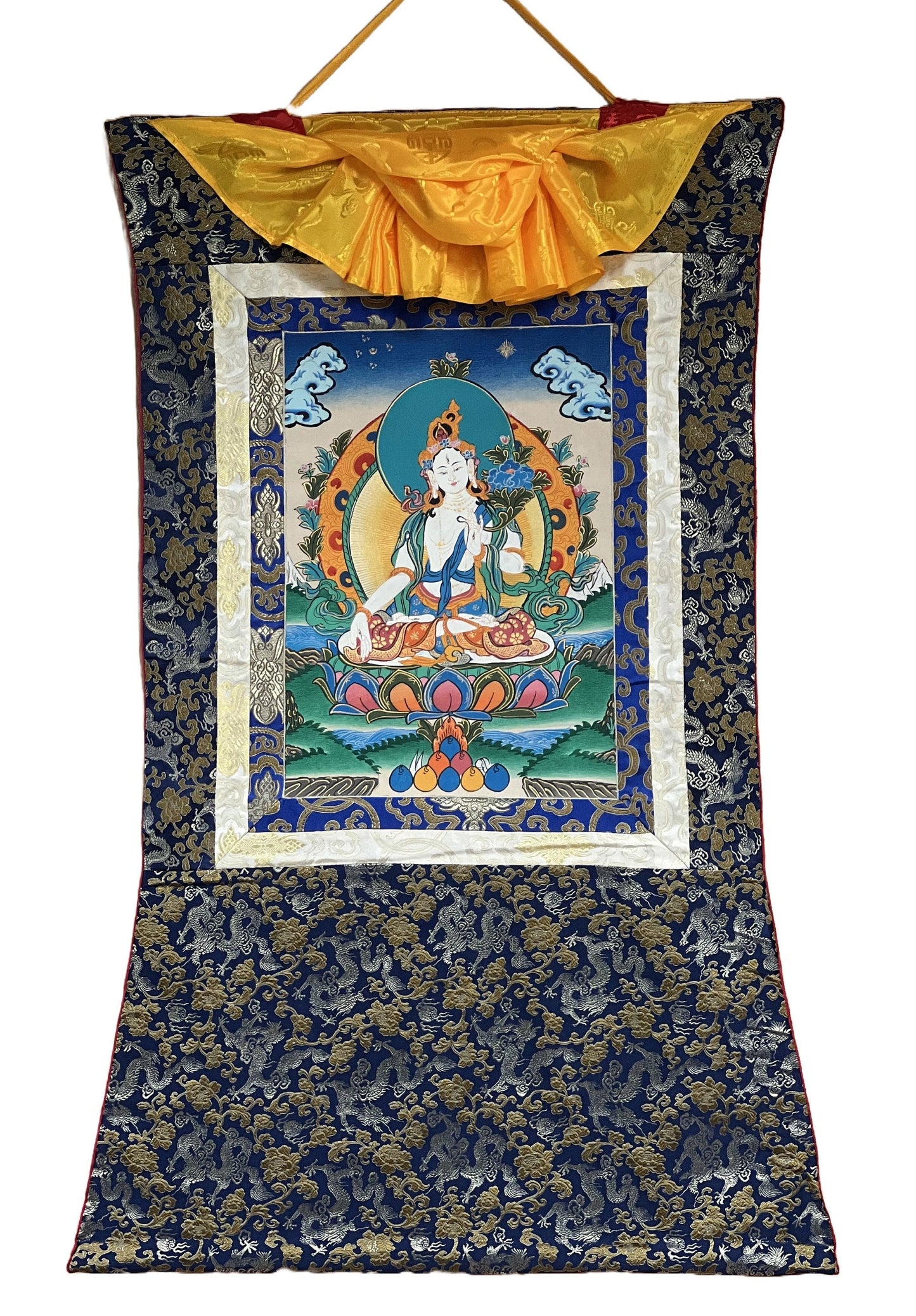 White Tara/ Sitatara/ Mother Goddess Hand Painted Original Master Quality  Tibetan Thangka Painting Buddhist Meditation Art with Silk Border