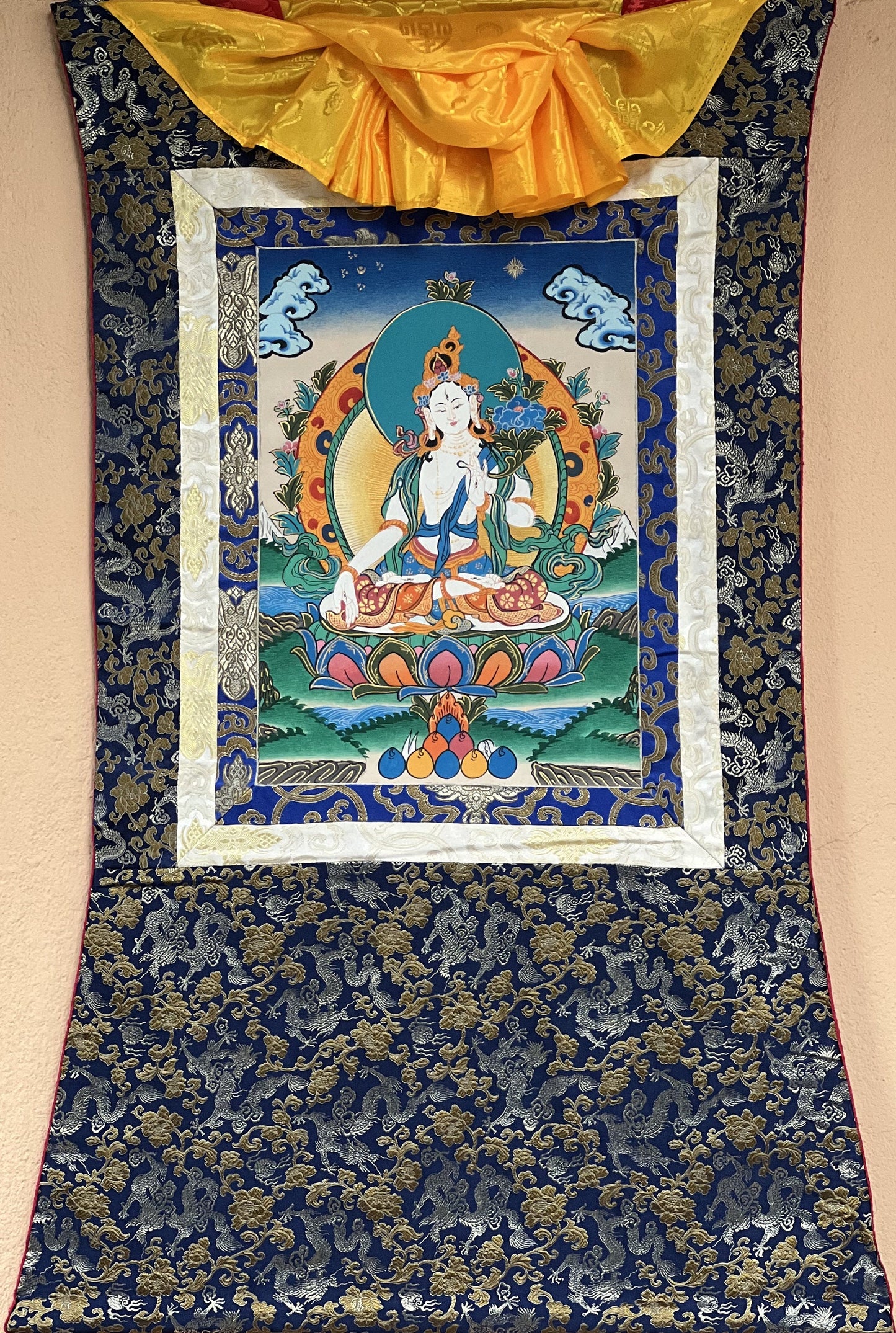 White Tara/ Sitatara/ Mother Goddess Hand Painted Original Master Quality  Tibetan Thangka Painting Buddhist Meditation Art with Silk Border