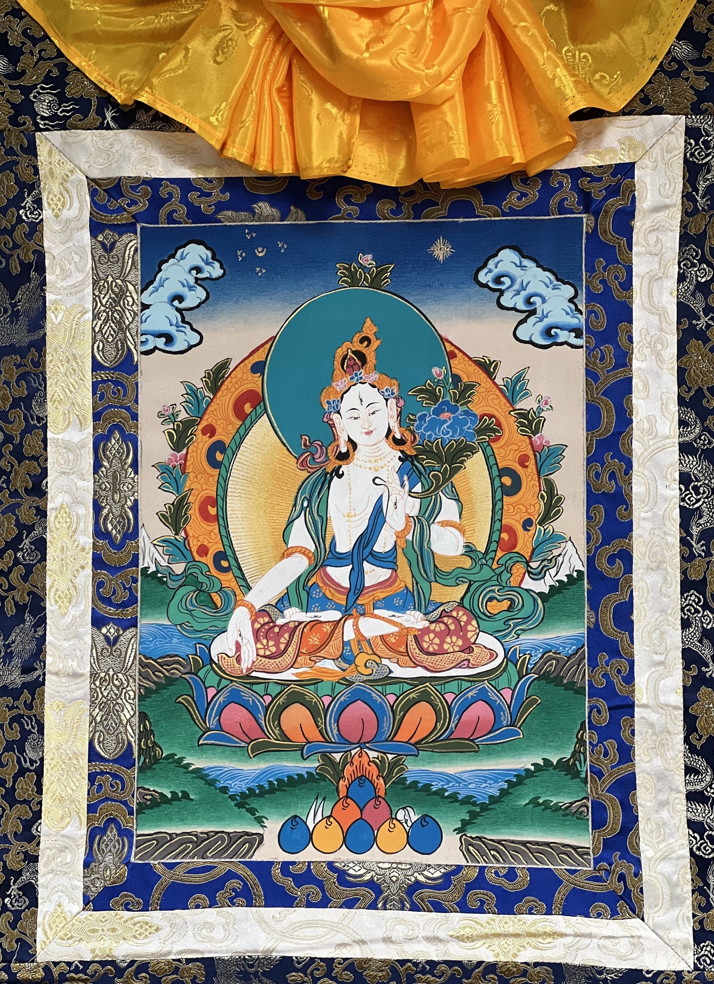 White Tara/ Sitatara/ Mother Goddess Hand Painted Original Master Quality  Tibetan Thangka Painting Buddhist Meditation Art with Silk Border