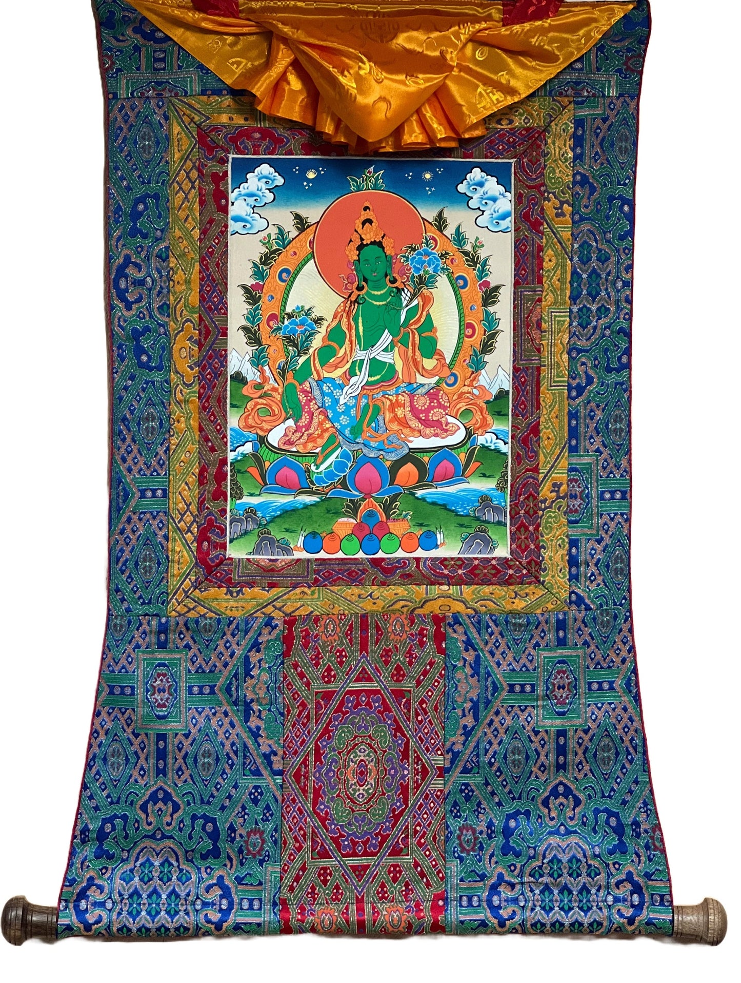 Green Tara/Mother Goddess Original Tibetan Thangka Painting/ Buddhist Meditation Art with Premium Silk Brocade