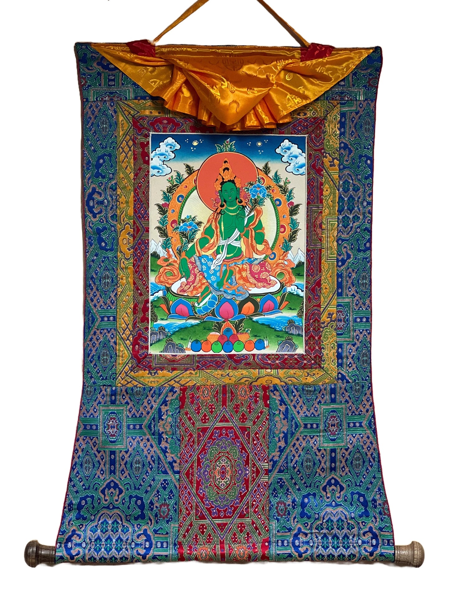 Green Tara/Mother Goddess Original Tibetan Thangka Painting/ Buddhist Meditation Art with Premium Silk Brocade