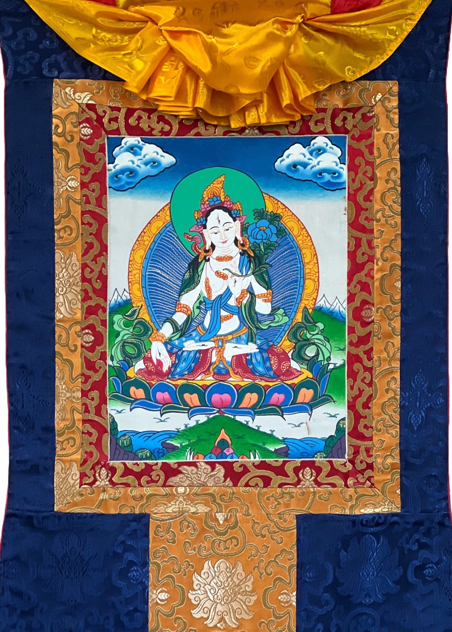 White Tara Mother Goddess  Original Hand Painted  Exquisite Tibetan Thangka Painting Buddhist Art  with Silk Border