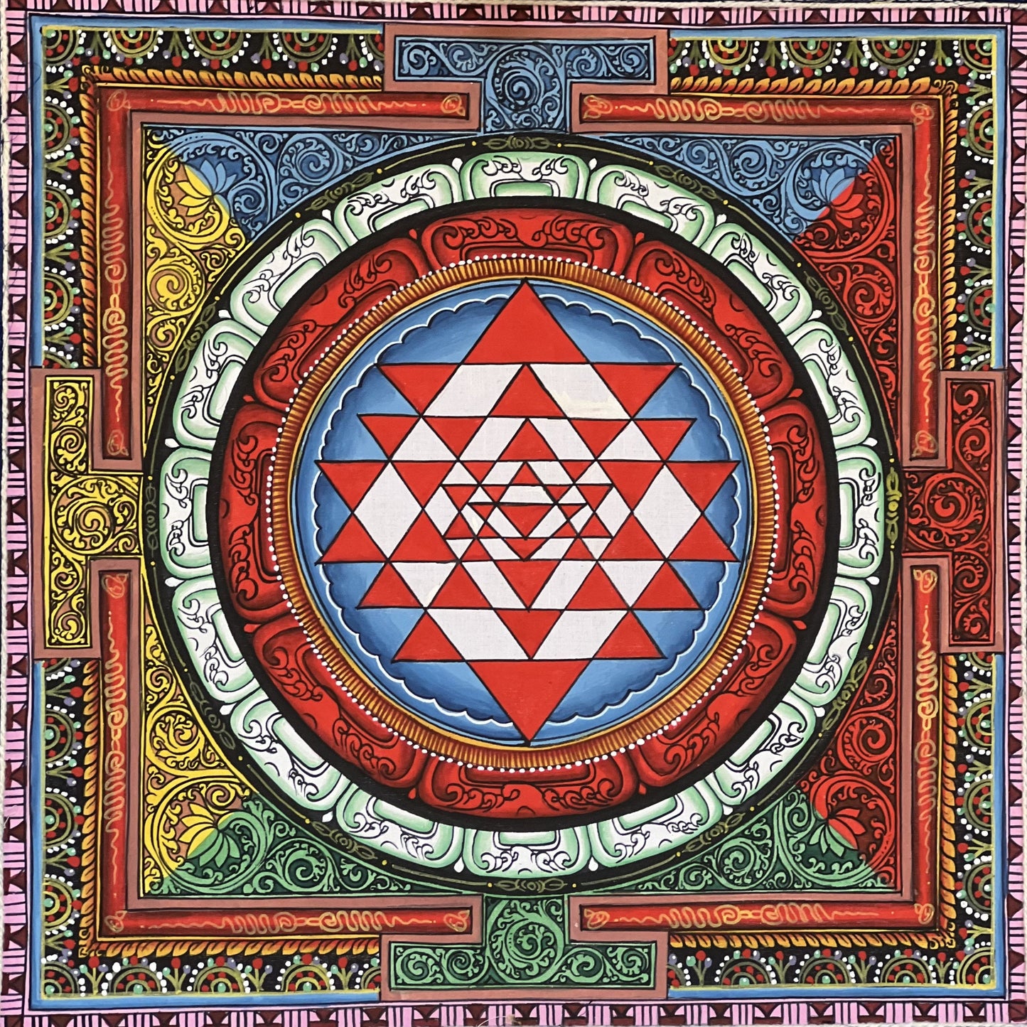 Sri Yantra/ Shri Yantra/ Shri Chakra Newari Paubha Thangka Painting Original Art  for Prosperity  and Wealth  with Silk Brocade