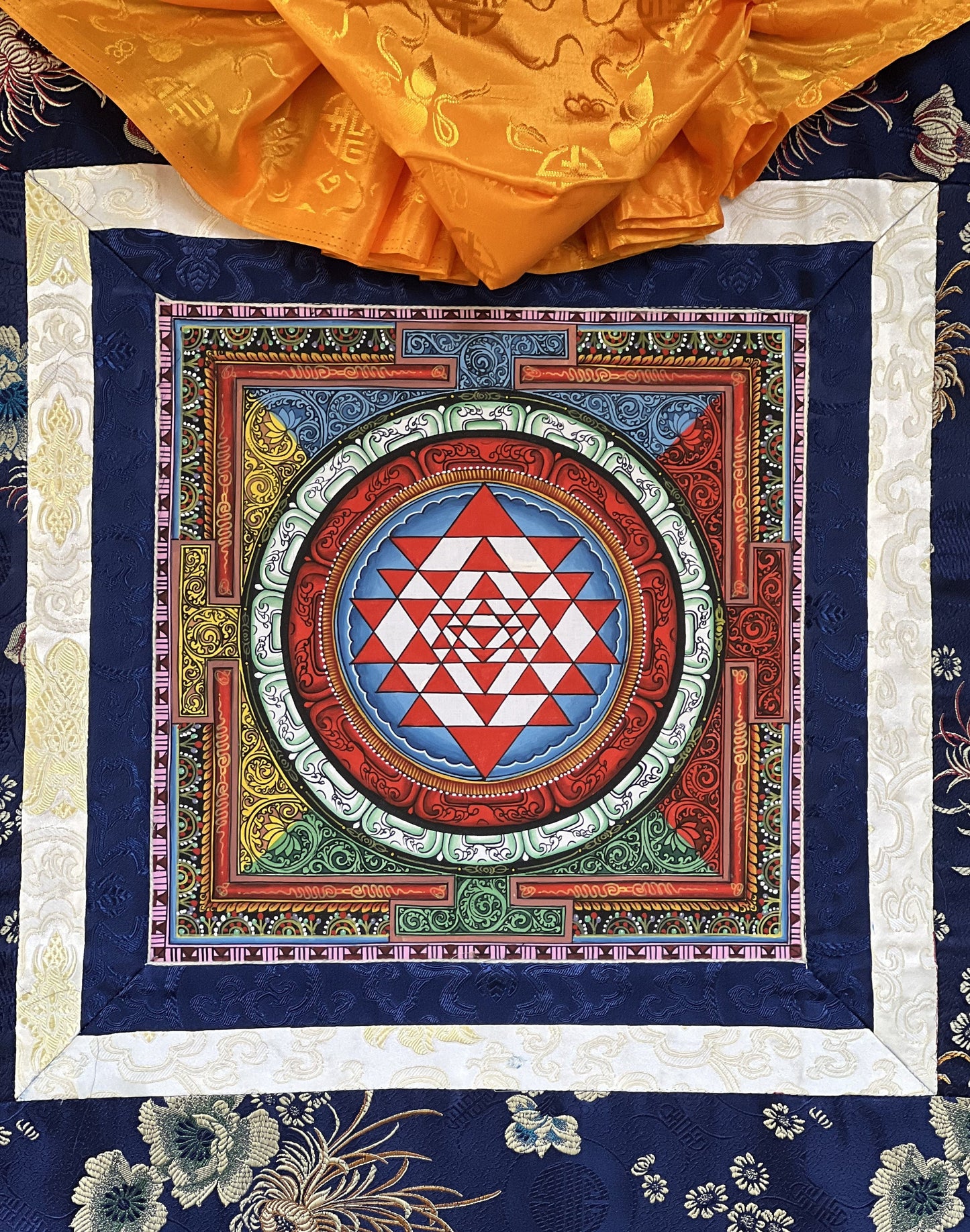 Sri Yantra/ Shri Yantra/ Shri Chakra Newari Paubha Thangka Painting Original Art  for Prosperity  and Wealth  with Silk Brocade