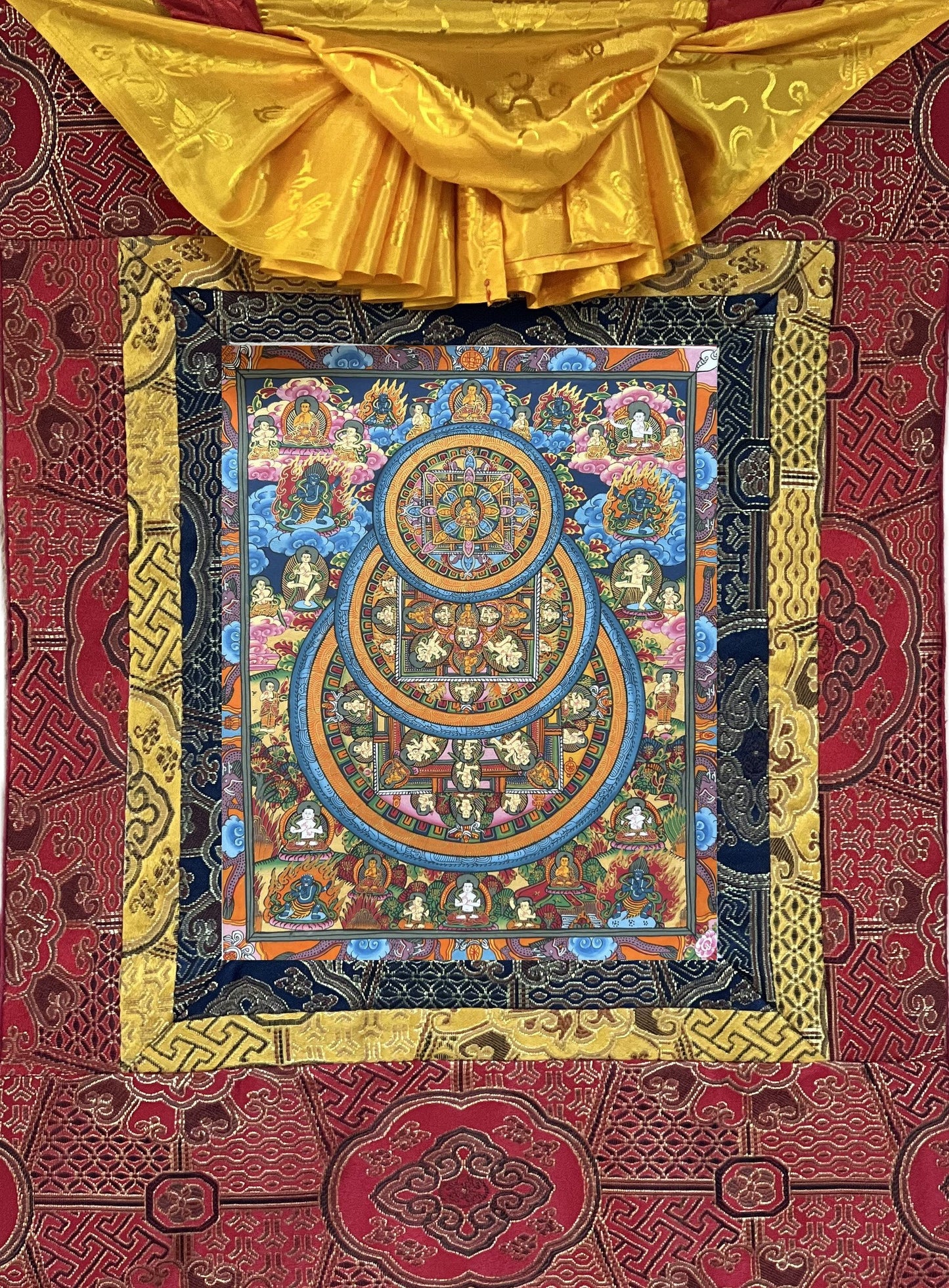 Hand-Painted Wheel of Life/ Buddha Life  Mandala Tibetan Thangka Painting Original Art  with High-Quality Silk Brocade