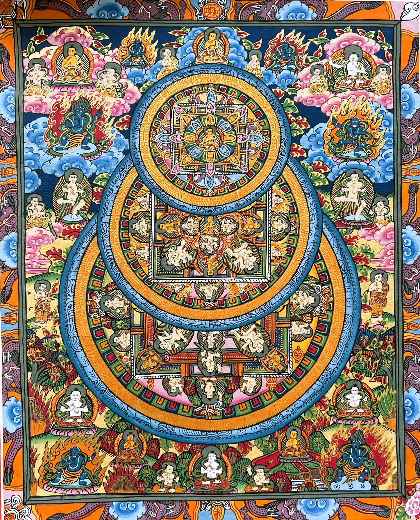 Hand-Painted Wheel of Life/ Buddha Life  Mandala Tibetan Thangka Painting Original Art  with High-Quality Silk Brocade