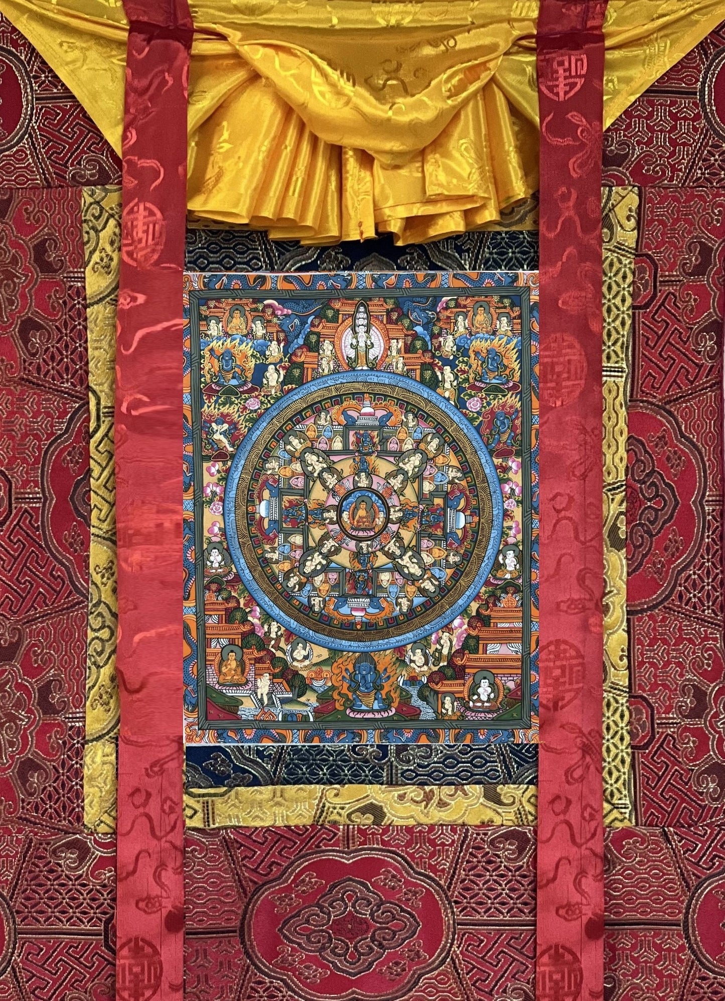 Hand-Painted Wheel of Life/ Buddha Life Bhavachakra  Mandala Tibetan Thangka Painting Original Art  with High-Quality Silk Brocade