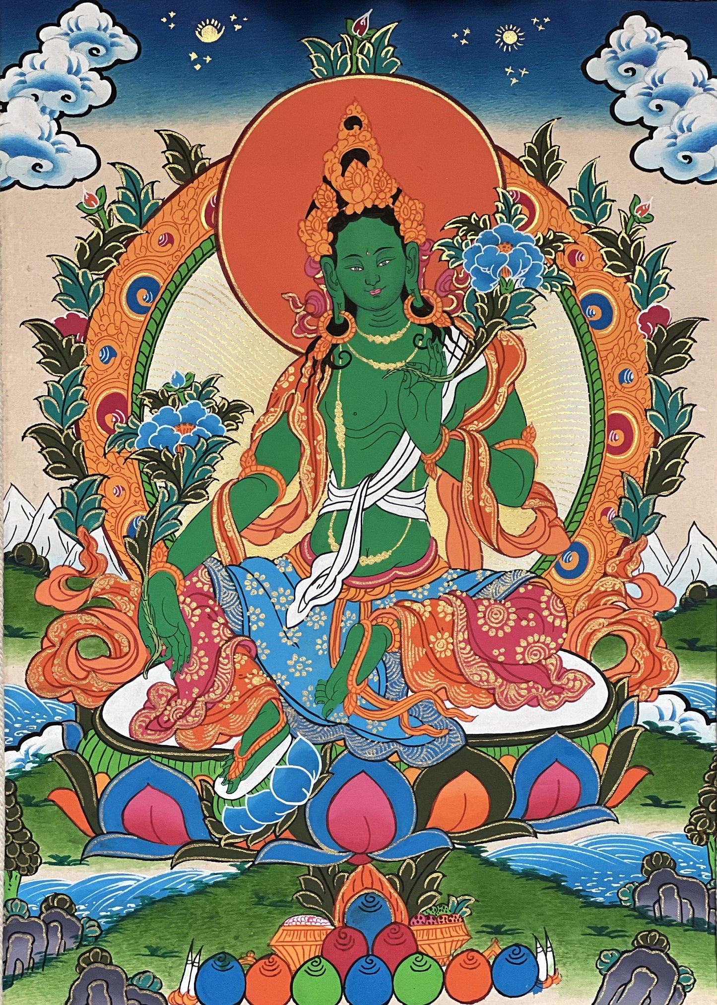 Green Tara/Mother Goddess Original Tibetan Thangka Painting/ Buddhist Meditation Art with Premium Silk Brocade