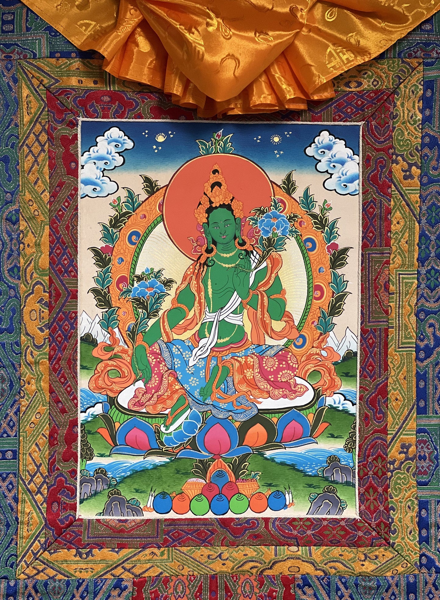 Green Tara/Mother Goddess Original Tibetan Thangka Painting/ Buddhist Meditation Art with Premium Silk Brocade