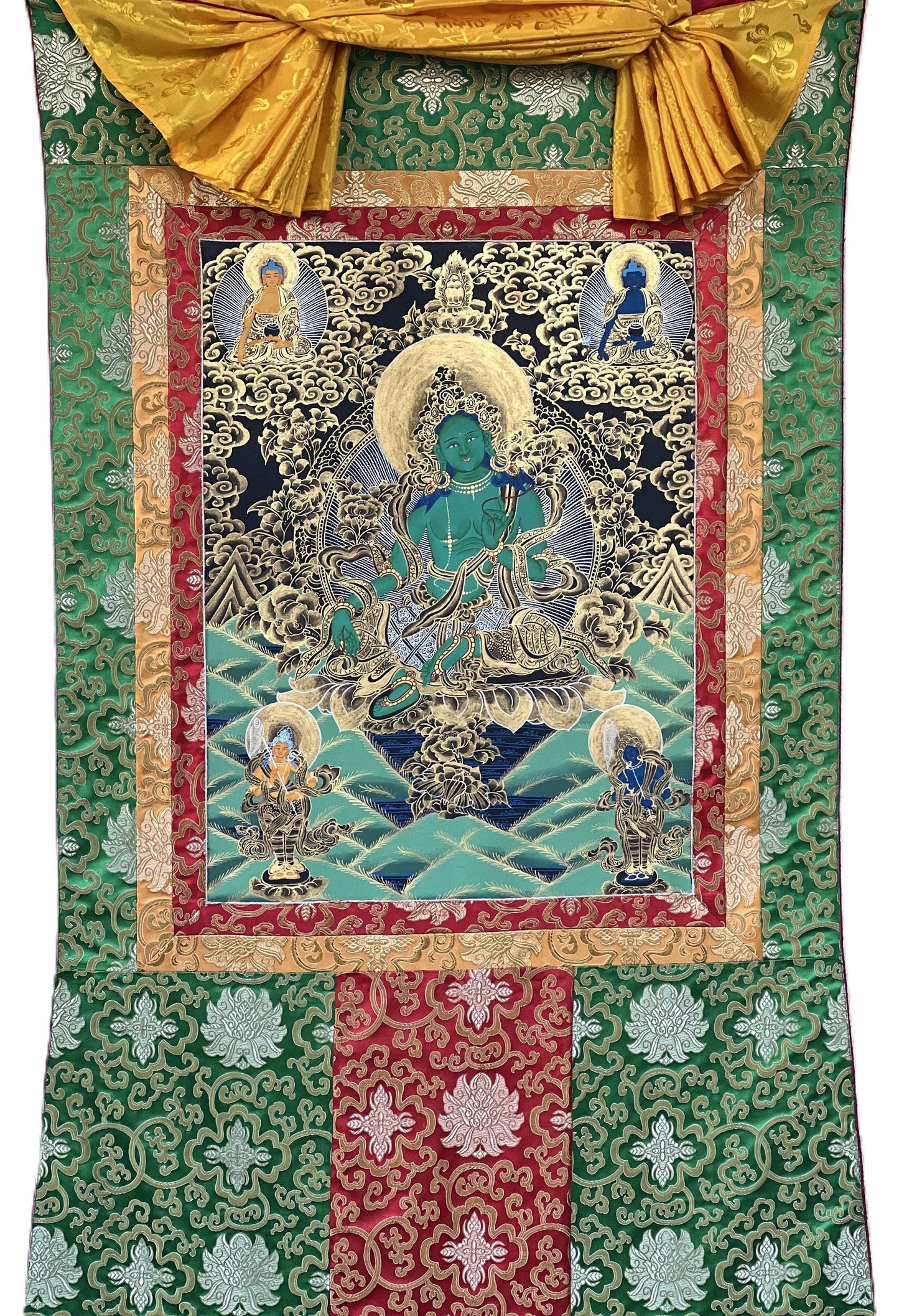 Green  Tara, Shyamatara,  Mother Goddess, Tibetan Thangka Painting, Original, Hand- painted,  Buddhist Art with Silk Brocade