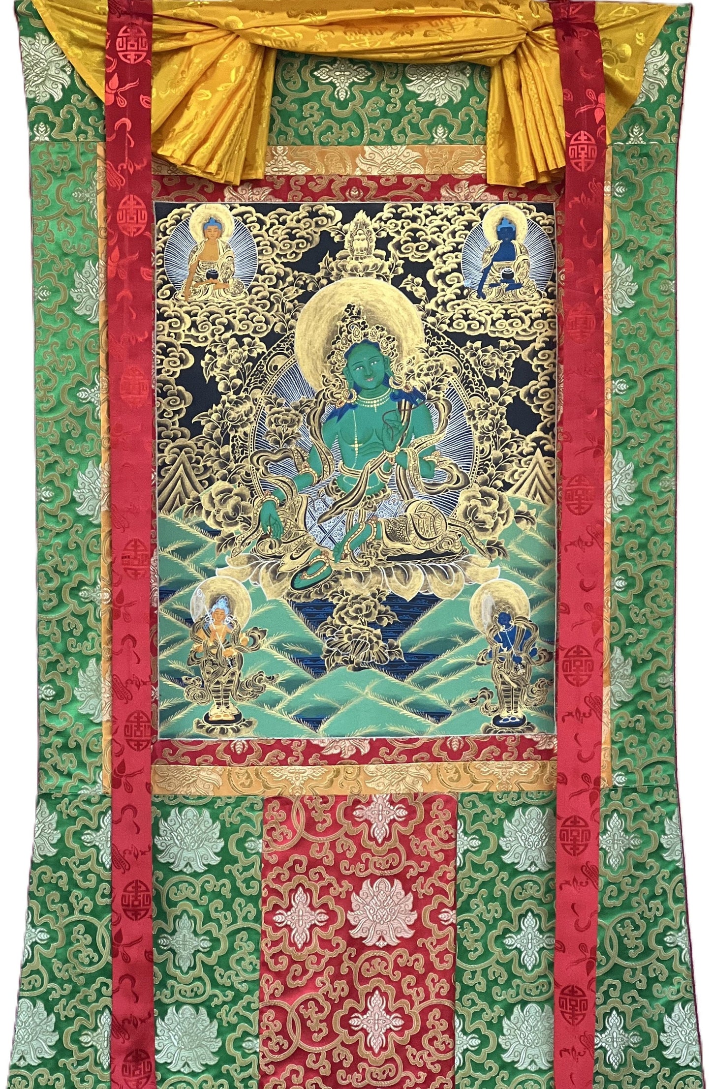 Green  Tara, Shyamatara,  Mother Goddess, Tibetan Thangka Painting, Original, Hand- painted,  Buddhist Art with Silk Brocade