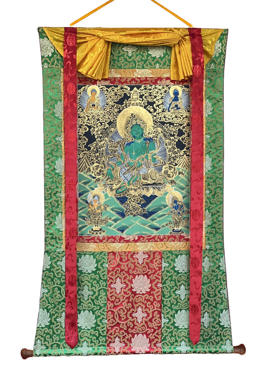 Green  Tara, Shyamatara,  Mother Goddess, Tibetan Thangka Painting, Original, Hand- painted,  Buddhist Art with Silk Brocade