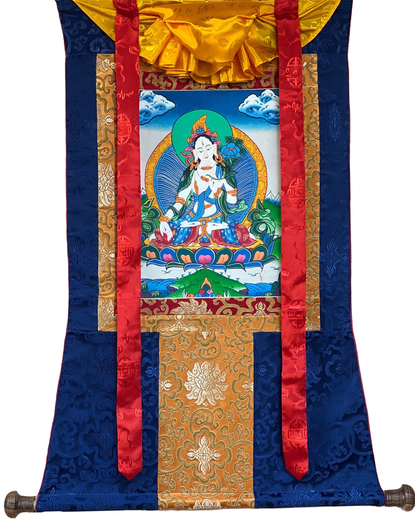 White Tara Mother Goddess  Original Hand Painted  Exquisite Tibetan Thangka Painting Buddhist Art  with Silk Border