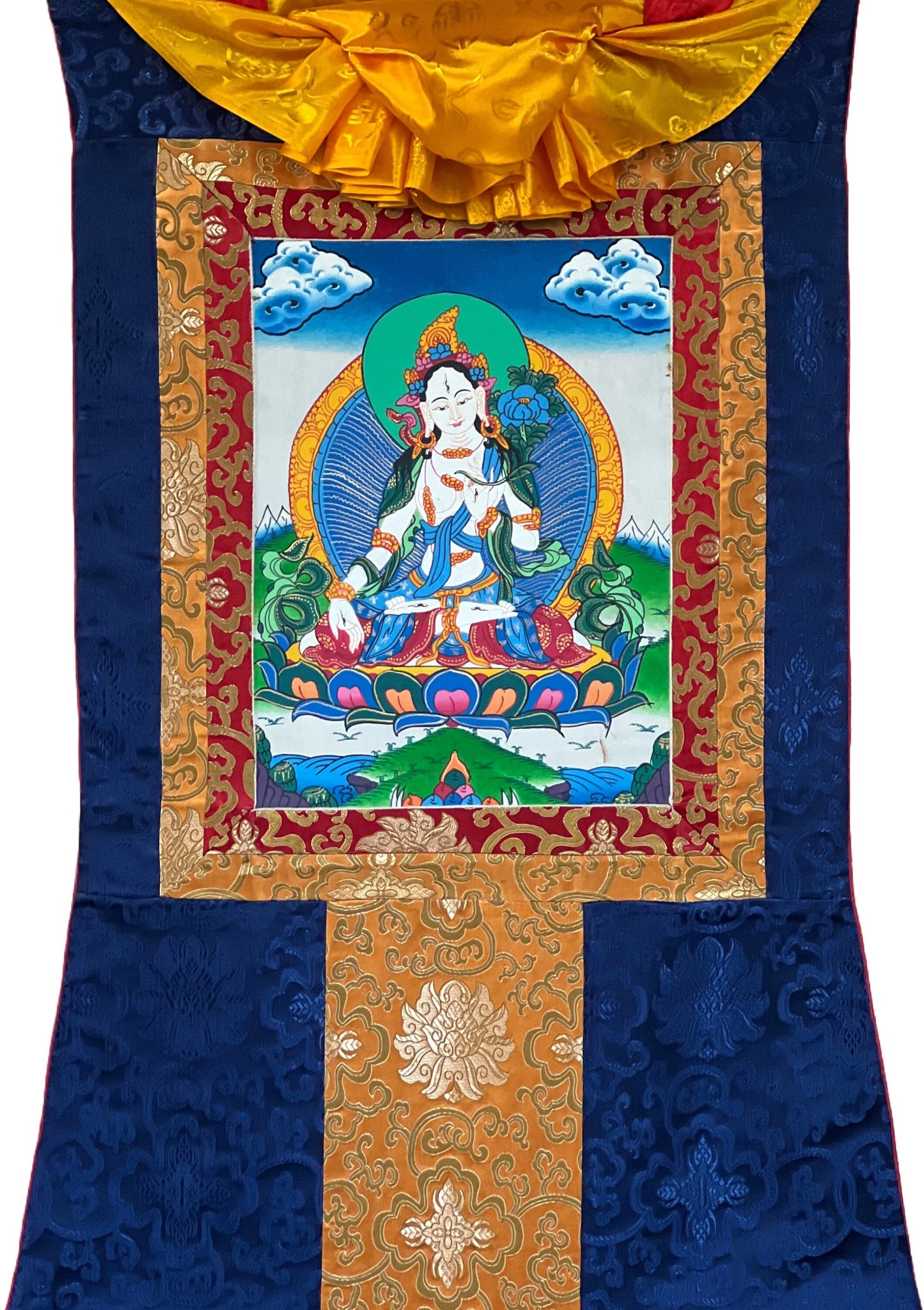 White Tara Mother Goddess  Original Hand Painted  Exquisite Tibetan Thangka Painting Buddhist Art  with Silk Border