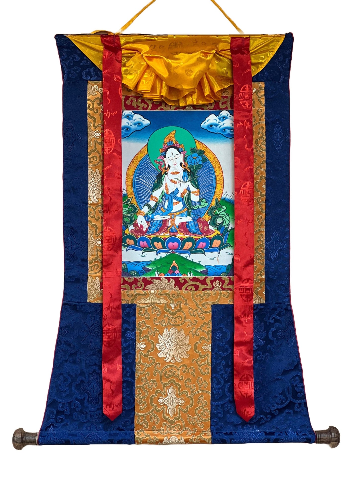 White Tara Mother Goddess  Original Hand Painted  Exquisite Tibetan Thangka Painting Buddhist Art  with Silk Border