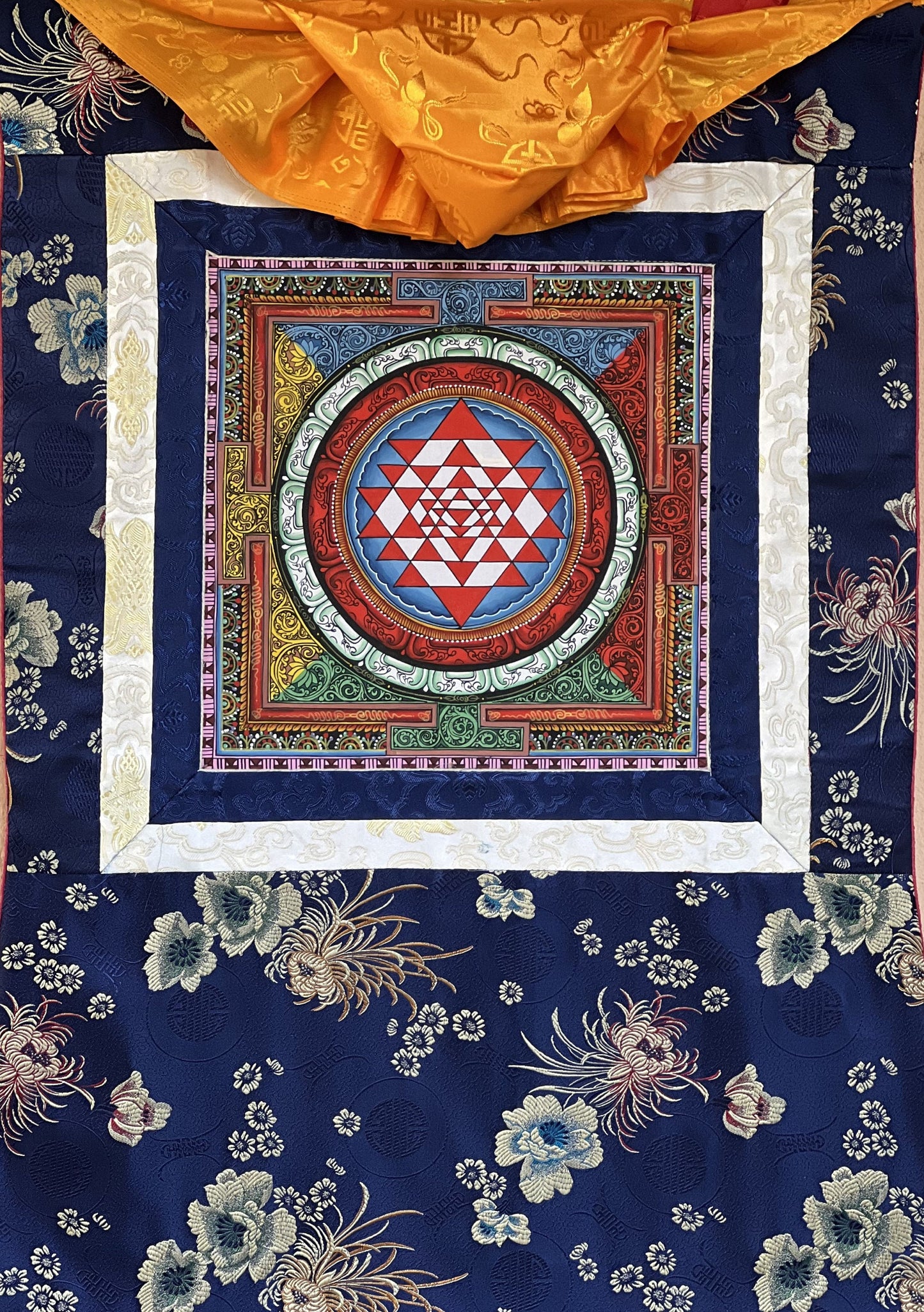 Sri Yantra/ Shri Yantra/ Shri Chakra Newari Paubha Thangka Painting Original Art  for Prosperity  and Wealth  with Silk Brocade